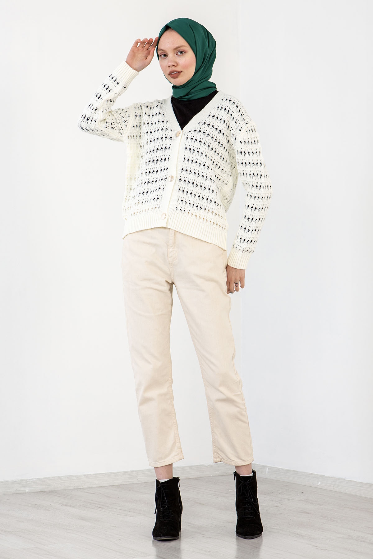 4010 şik örme Hirka Tek - Ekru - 1