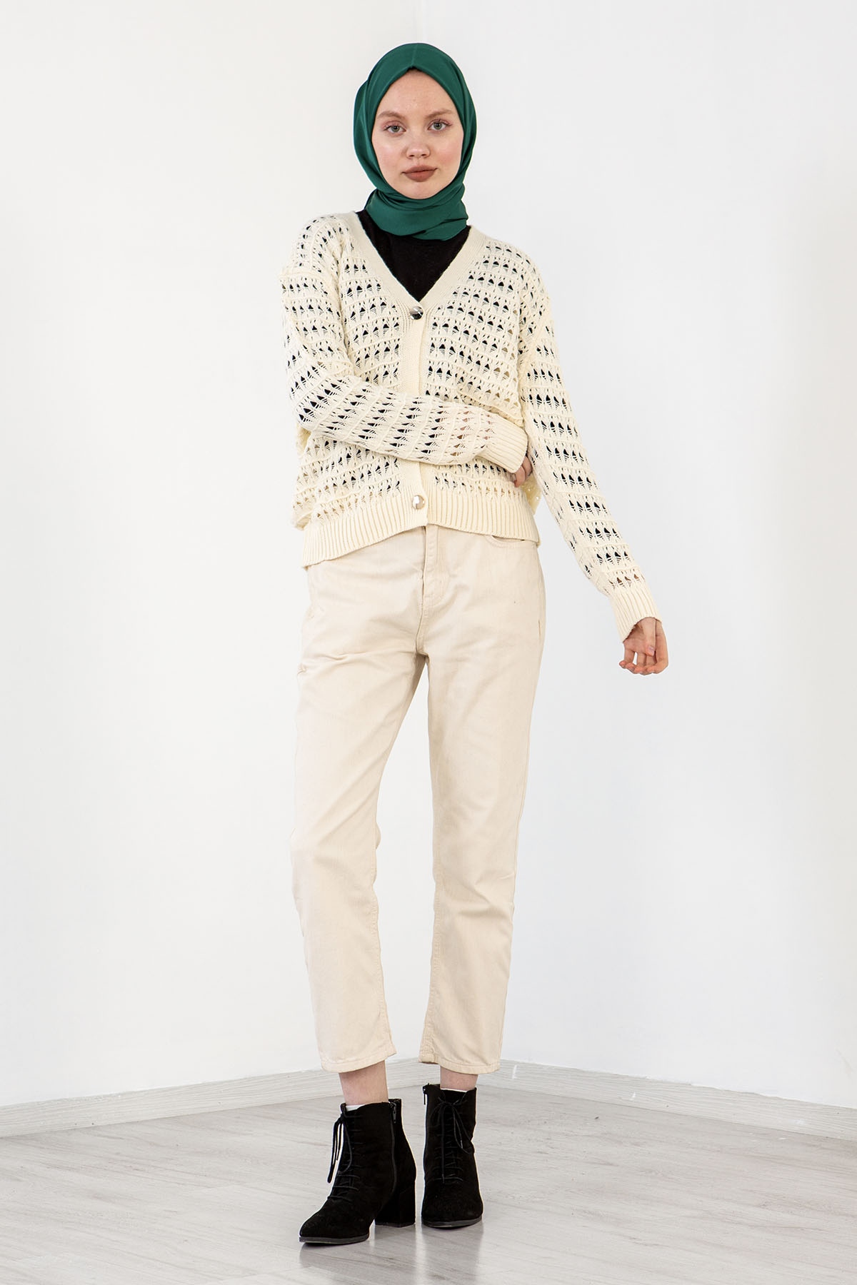 4010 şik örme Hirka Tek - Krem - 1