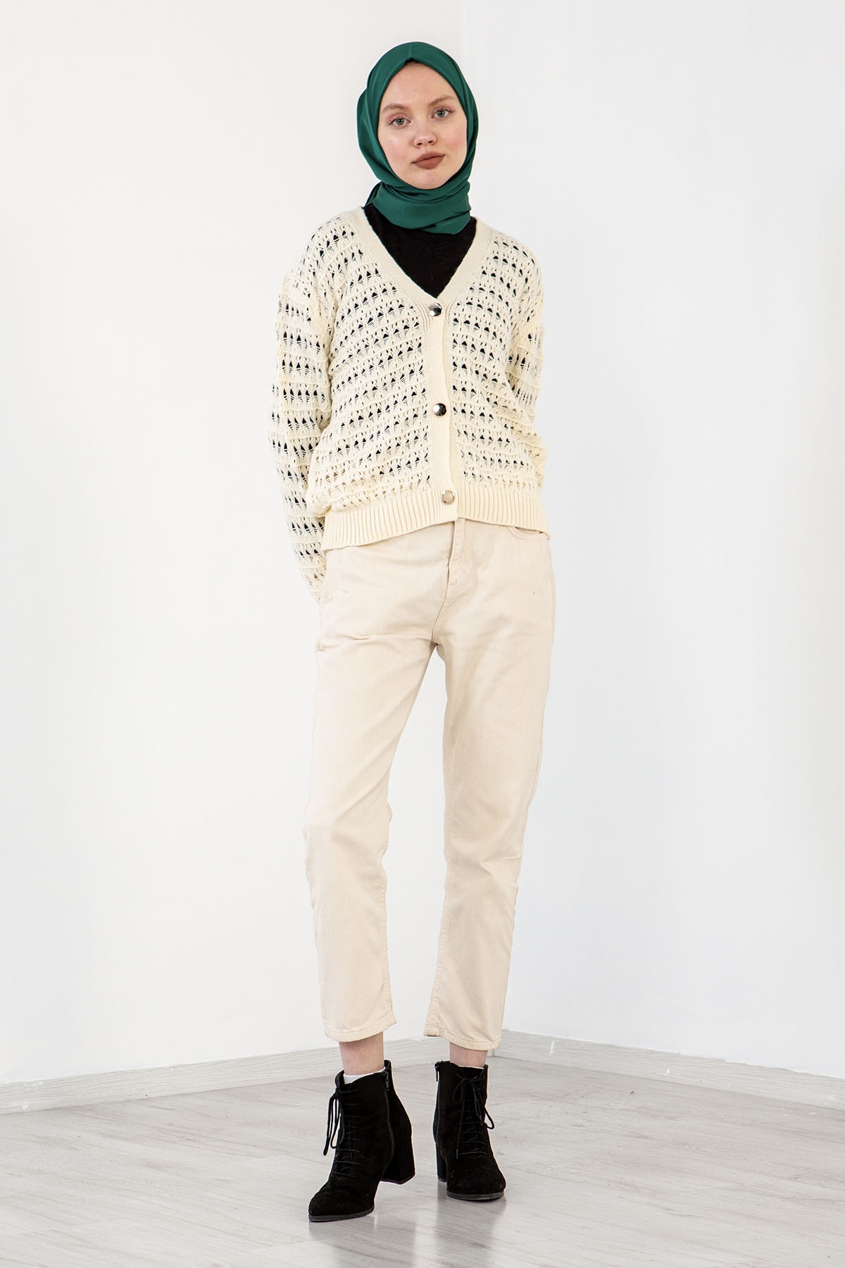 4010 şik örme Hirka Tek - Krem - 2