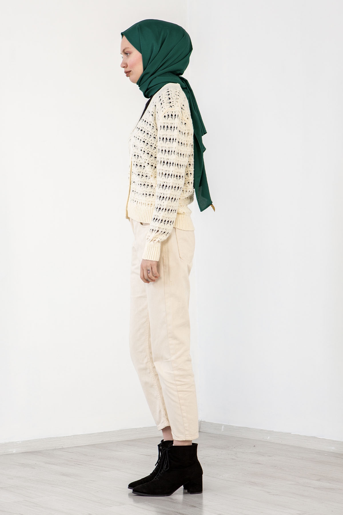 4010 şik örme Hirka Tek - Krem - 3