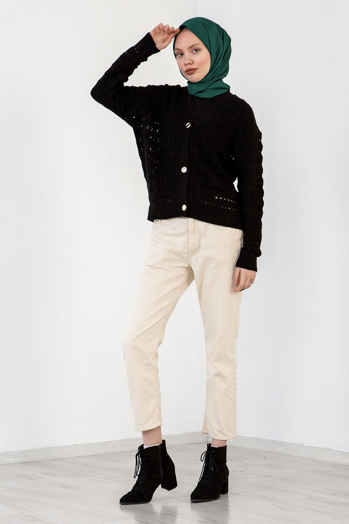 4010 şik örme Hirka Tek - Siyah - 1