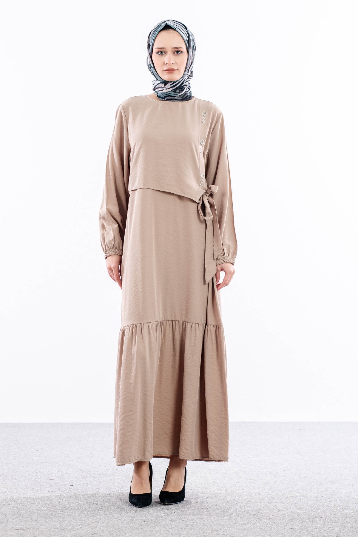 4011 Elbise 42-50 Kusgozu - Bej - 1