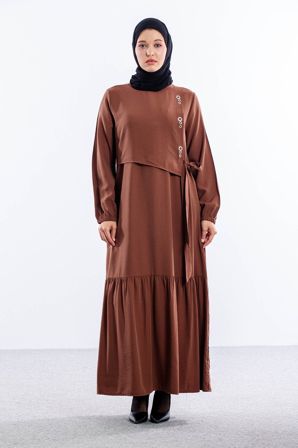 4011 Elbise 42-50 Kusgozu - Kahve - 1