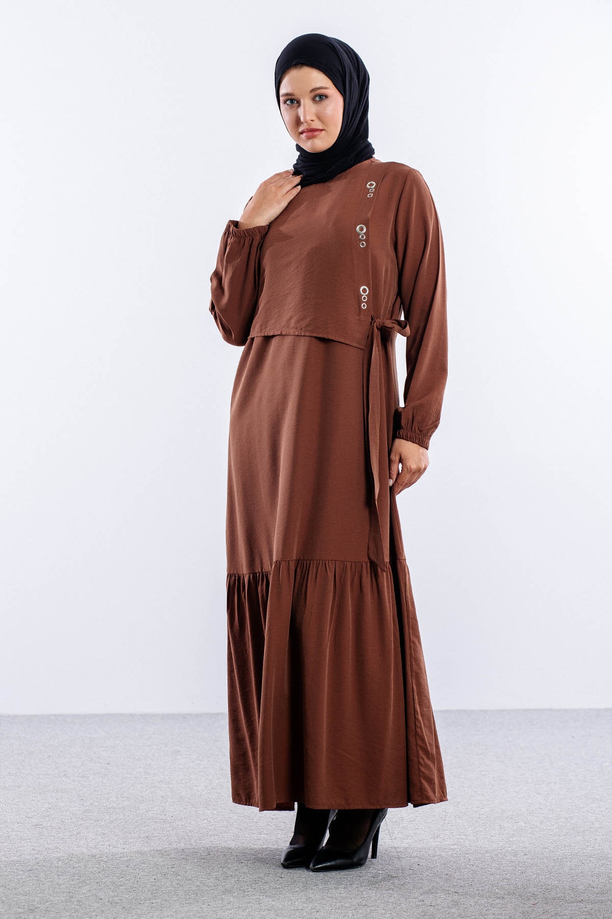 4011 Elbise 42-50 Kusgozu - Kahve - 3