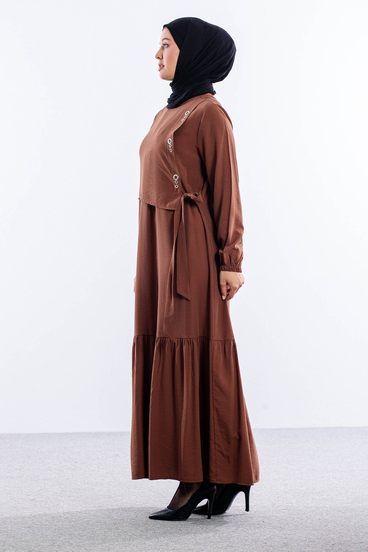 4011 Elbise 42-50 Kusgozu - Kahve - 4
