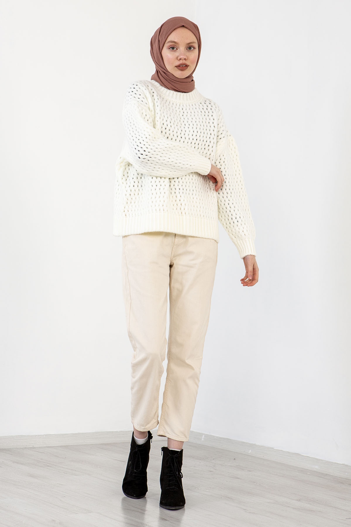 4012 şik örme Kazak Tek - Ekru - 1