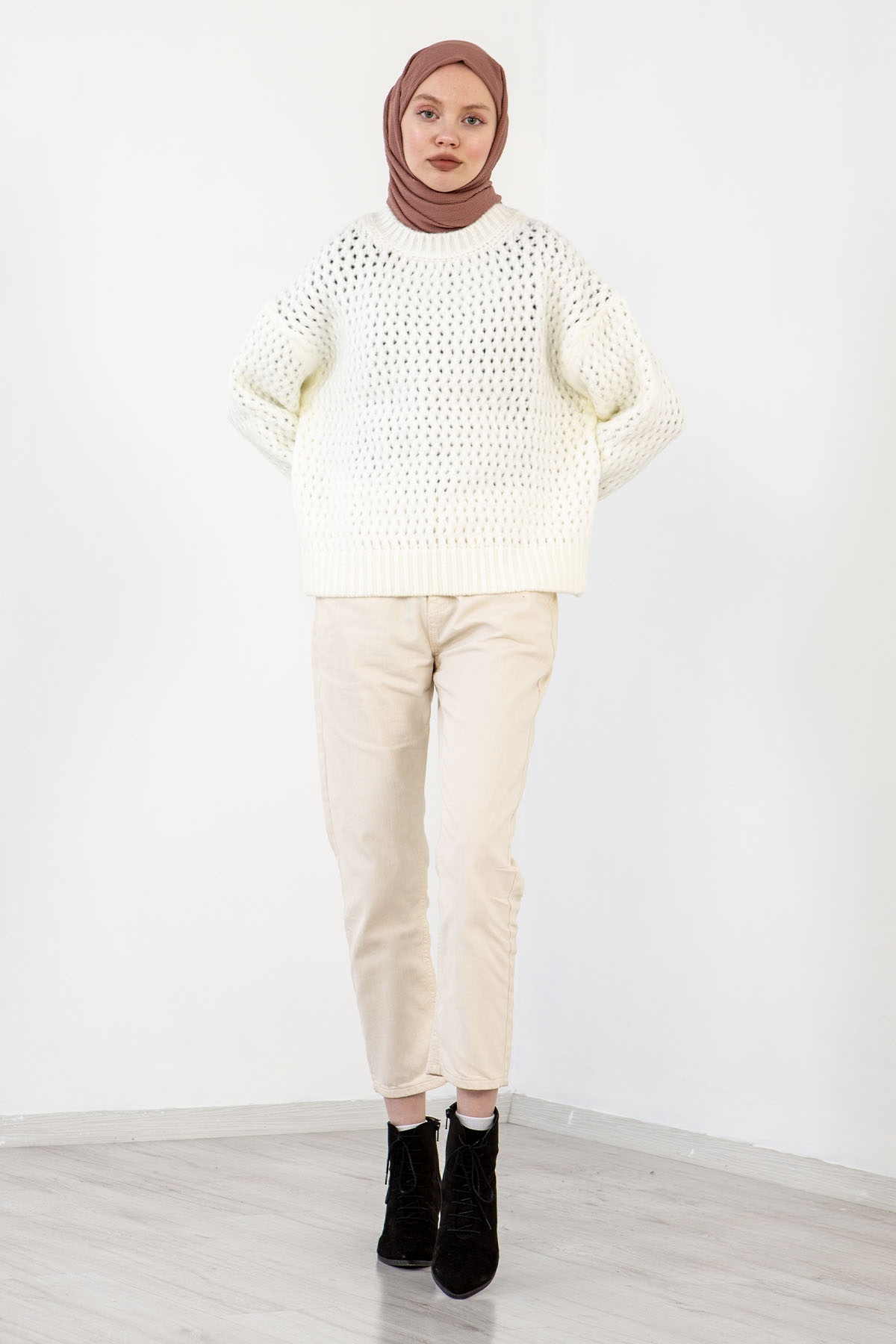 4012 şik örme Kazak Tek - Ekru - 2