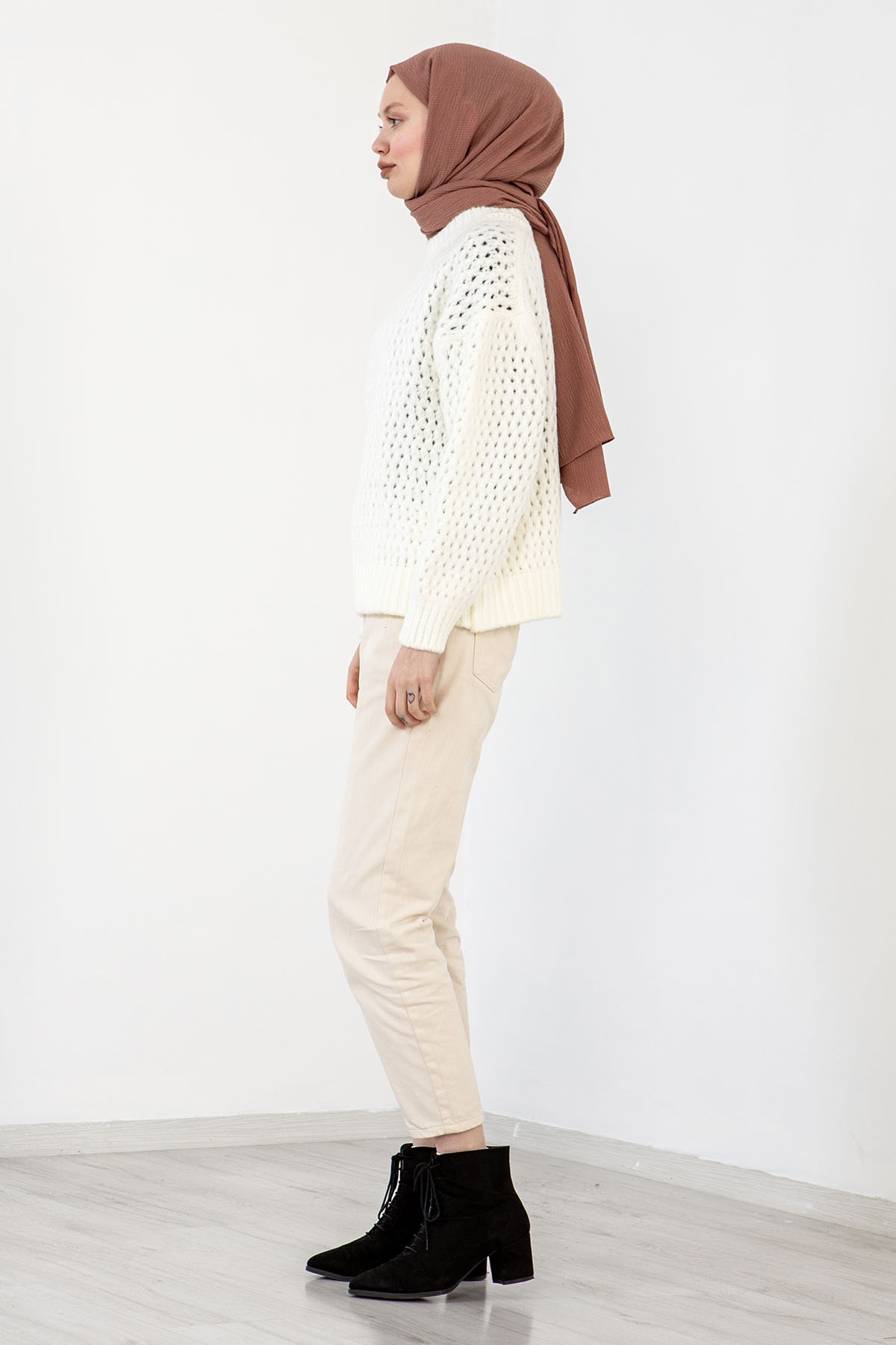 4012 şik örme Kazak Tek - Ekru - 3