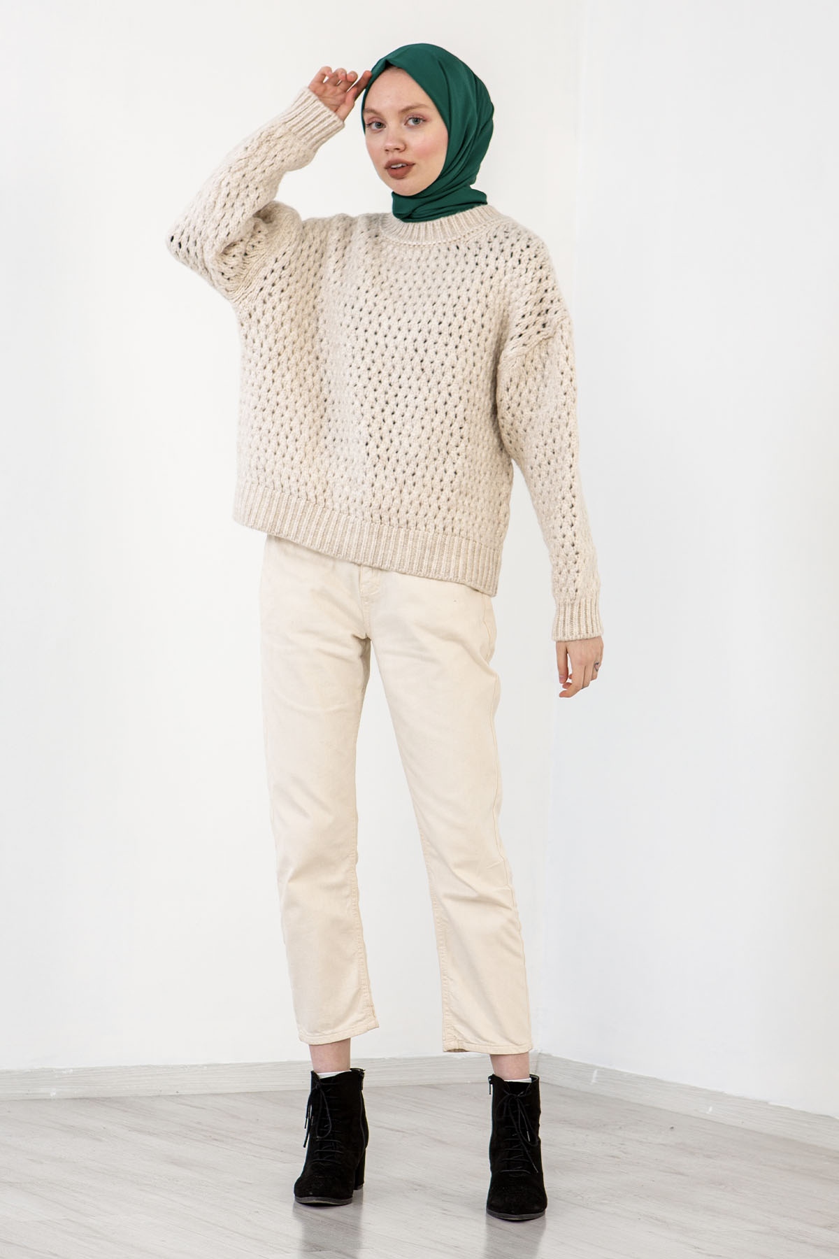 4012 şik örme Kazak Tek - Krem - 1