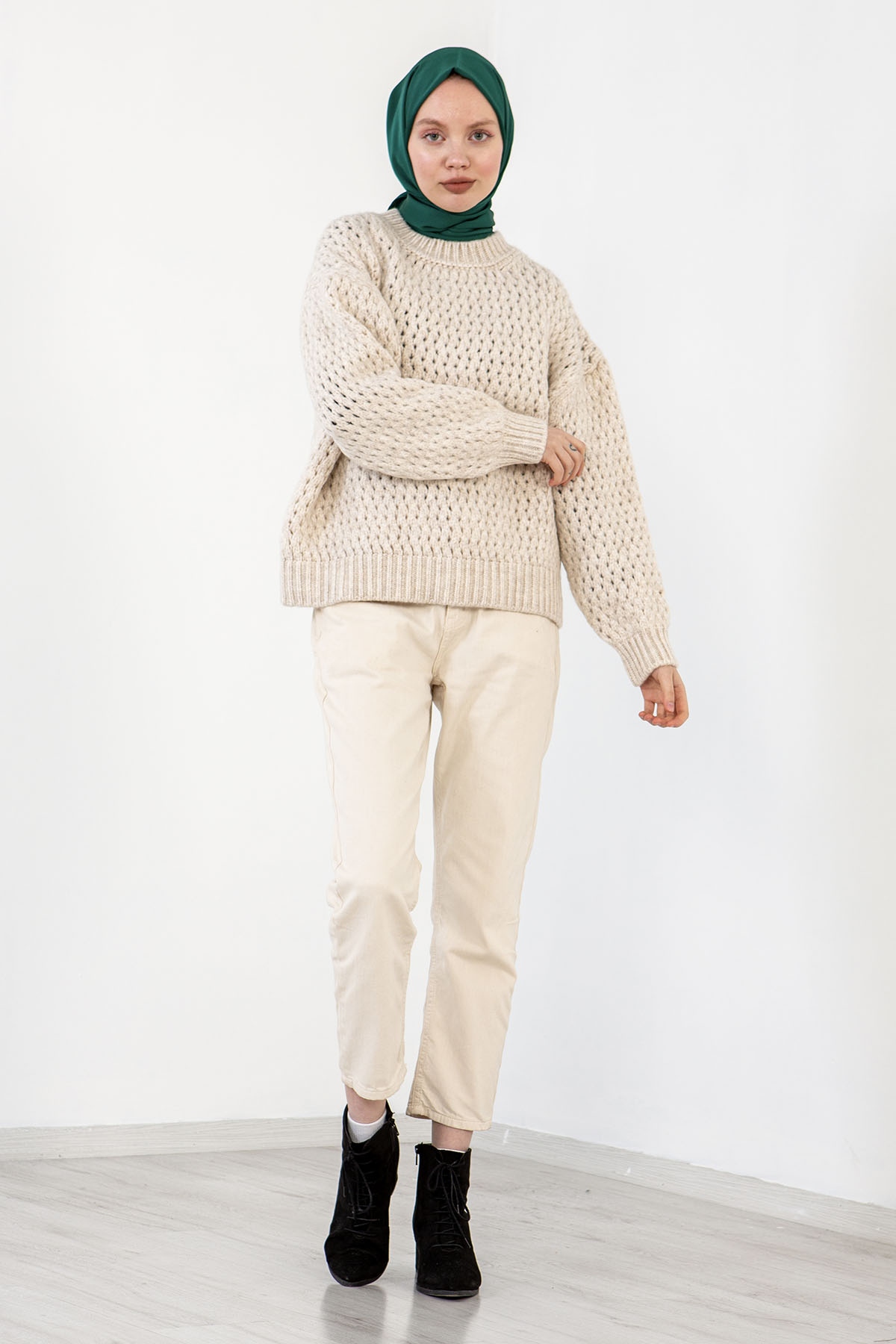 4012 şik örme Kazak Tek - Krem - 2