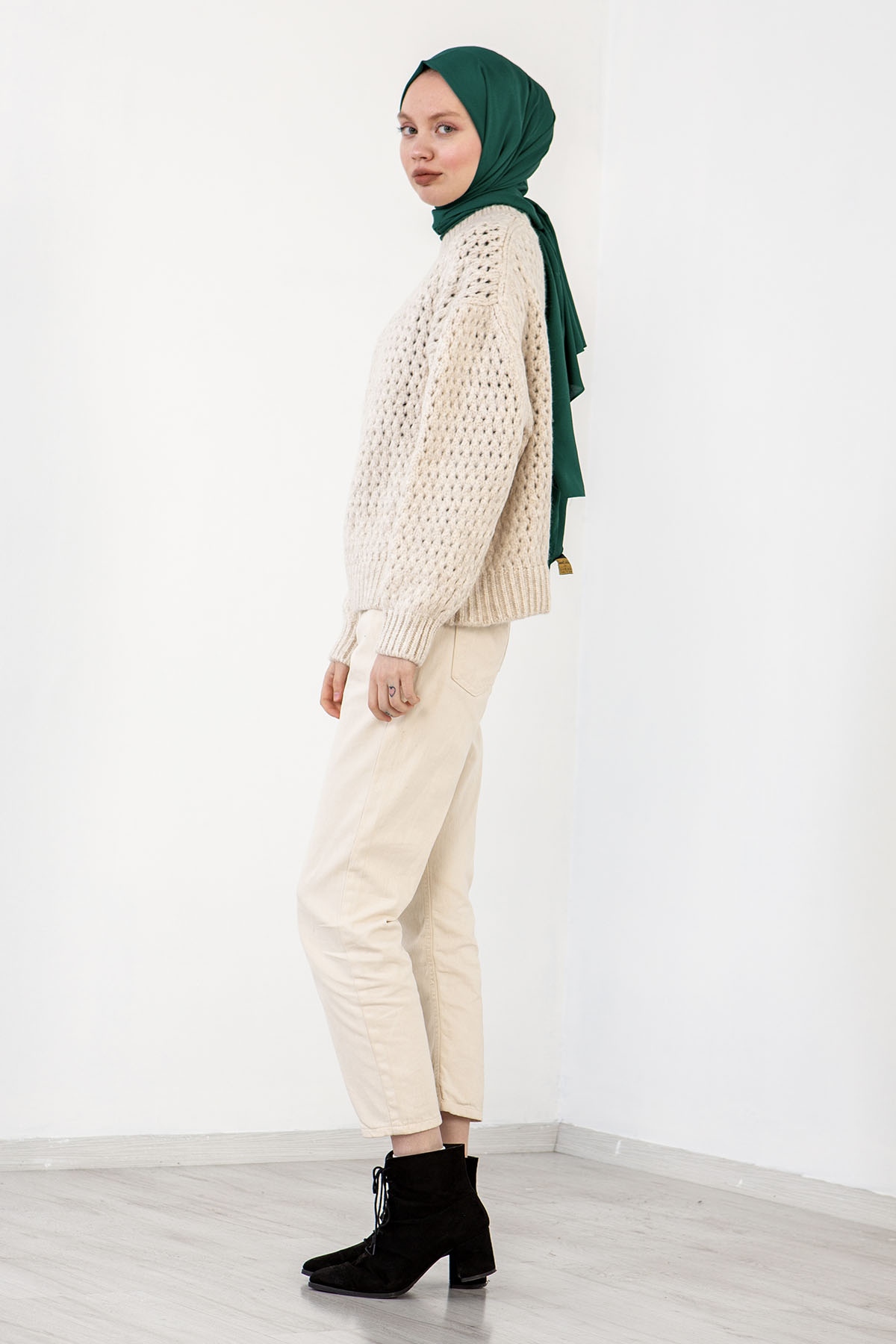 4012 şik örme Kazak Tek - Krem - 3