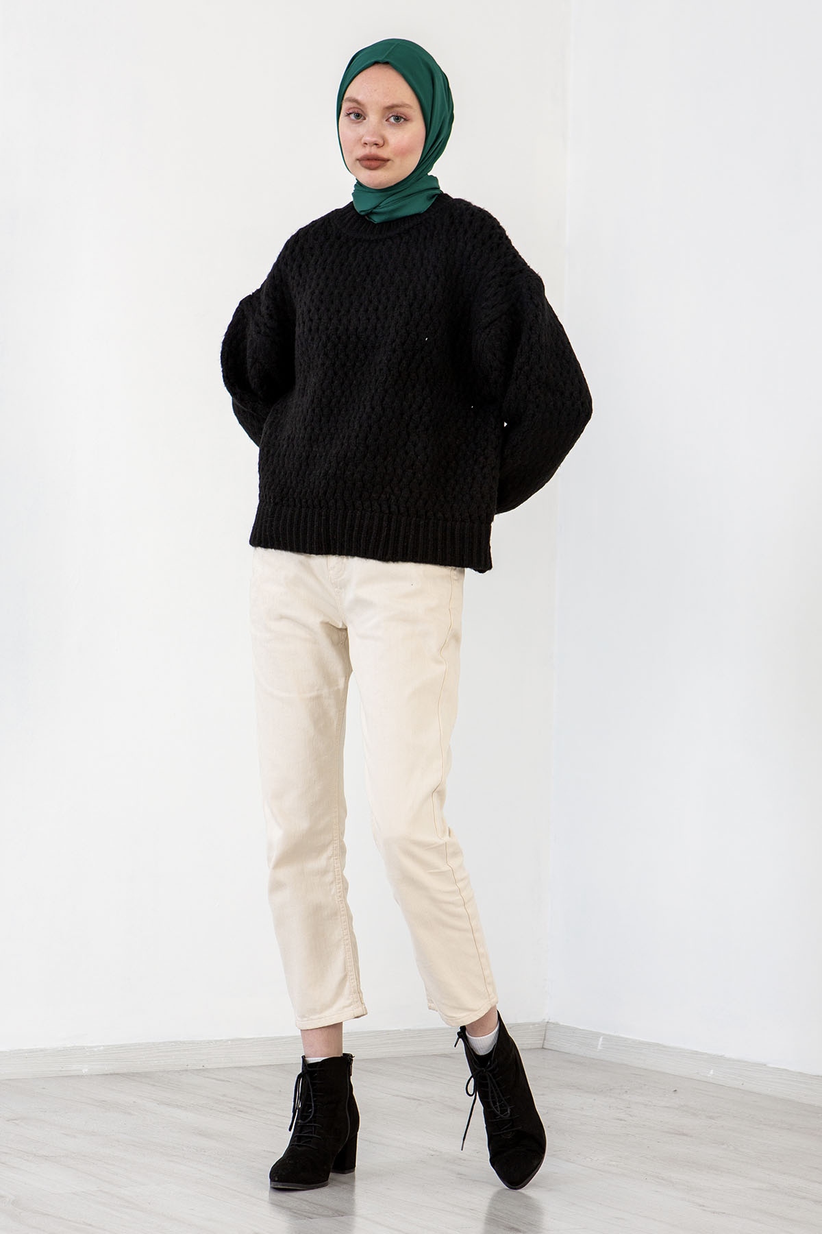 4012 şik örme Kazak Tek - Siyah - 1