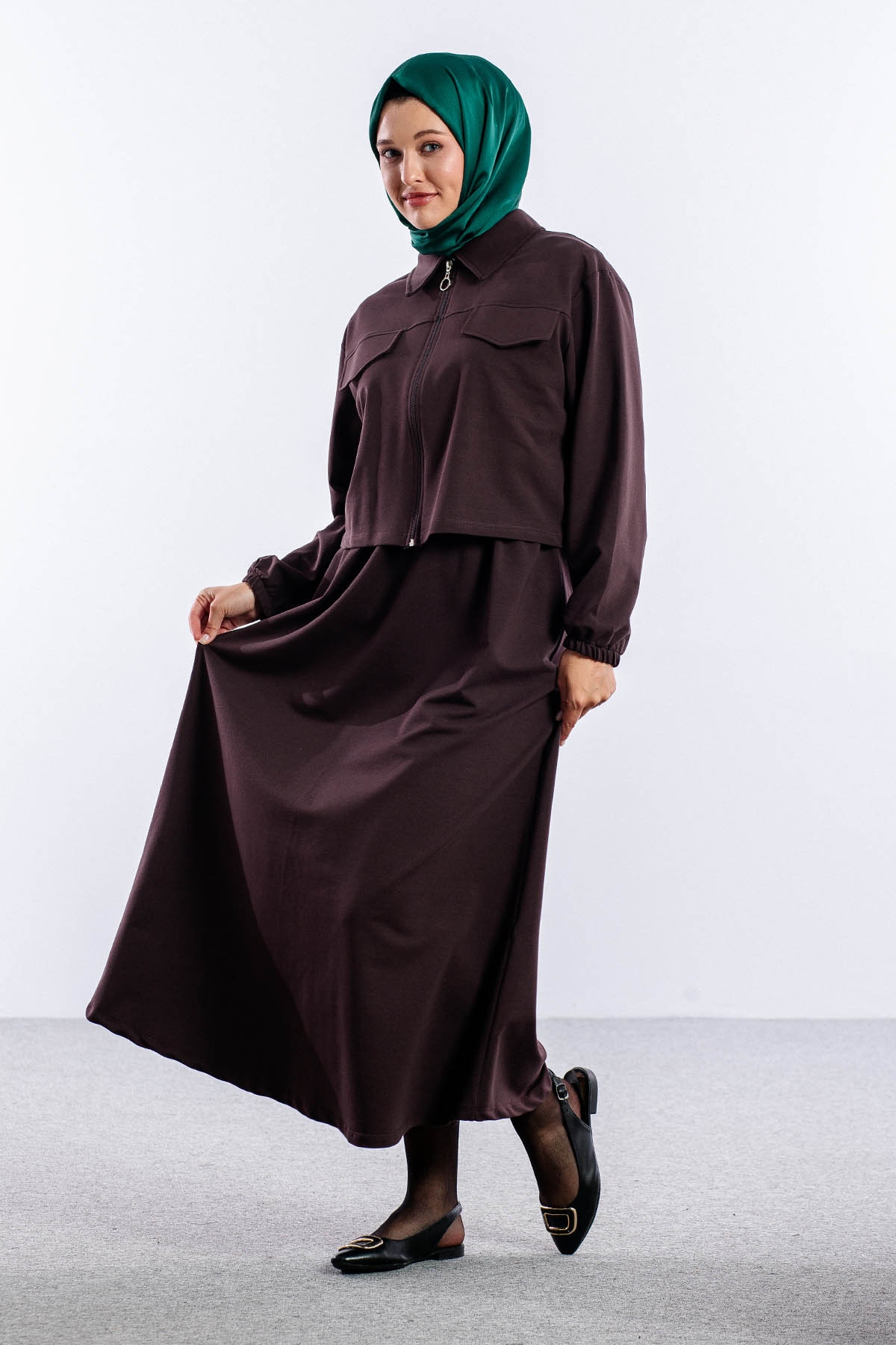 4014 2li Elbise Takim 42-48 - Kahve - 3