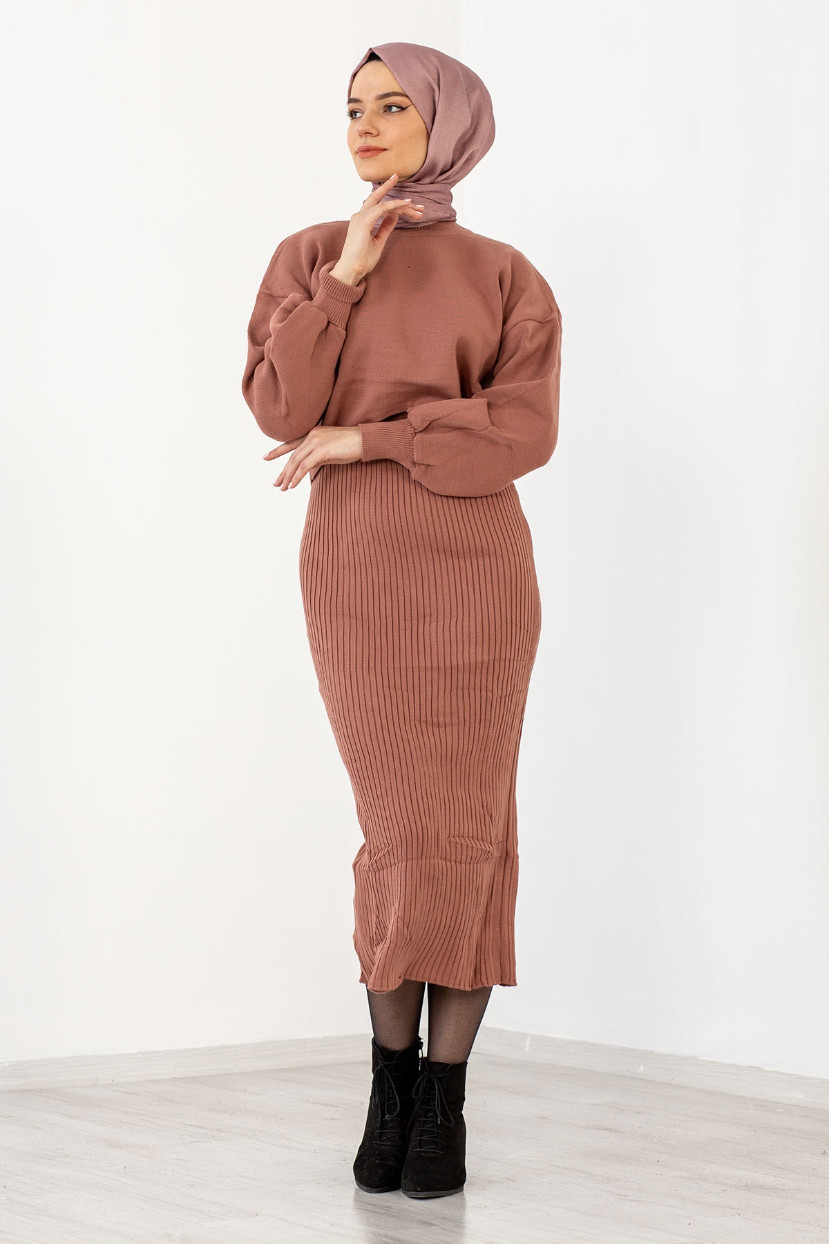 4029 Alti Duz Pileli Elbise Tek - Gul - 1