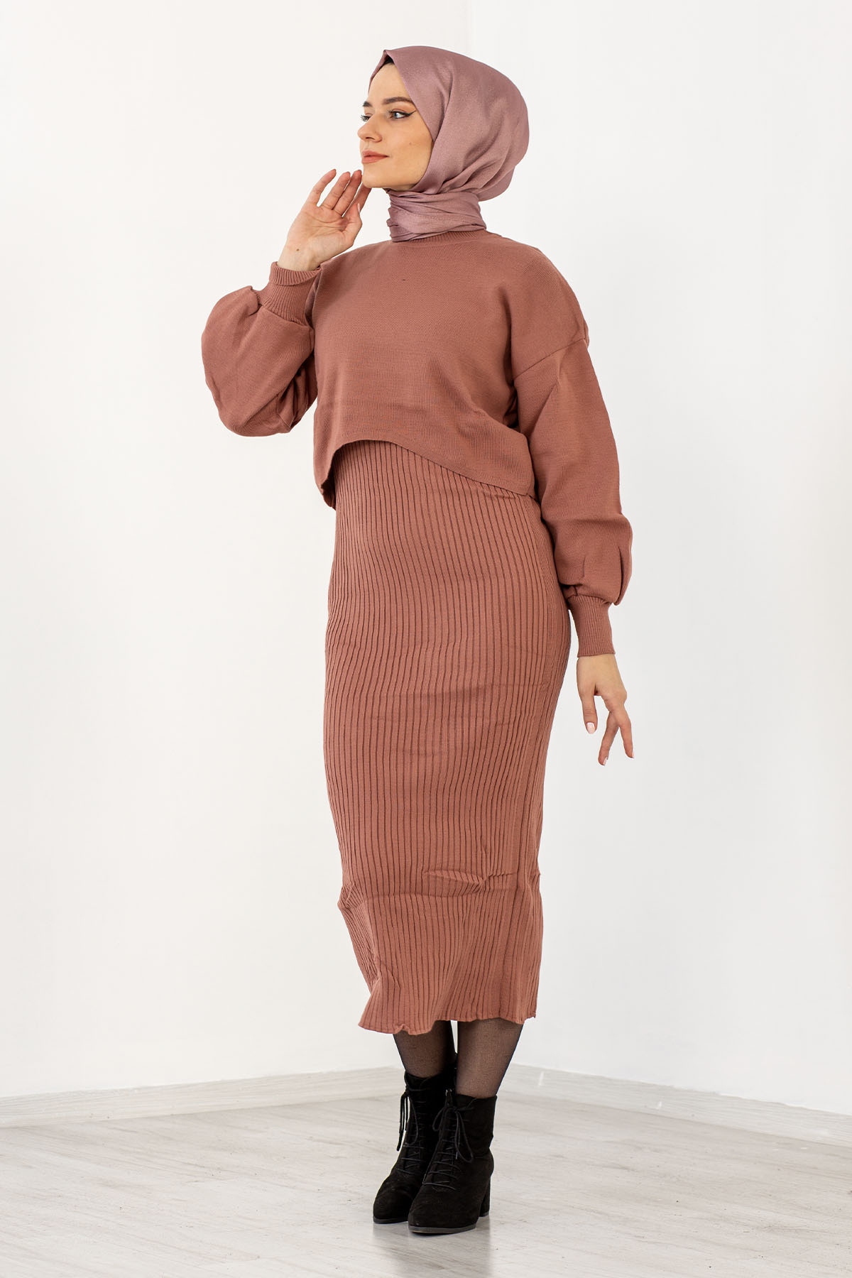 4029 Alti Duz Pileli Elbise Tek - Gul - 2