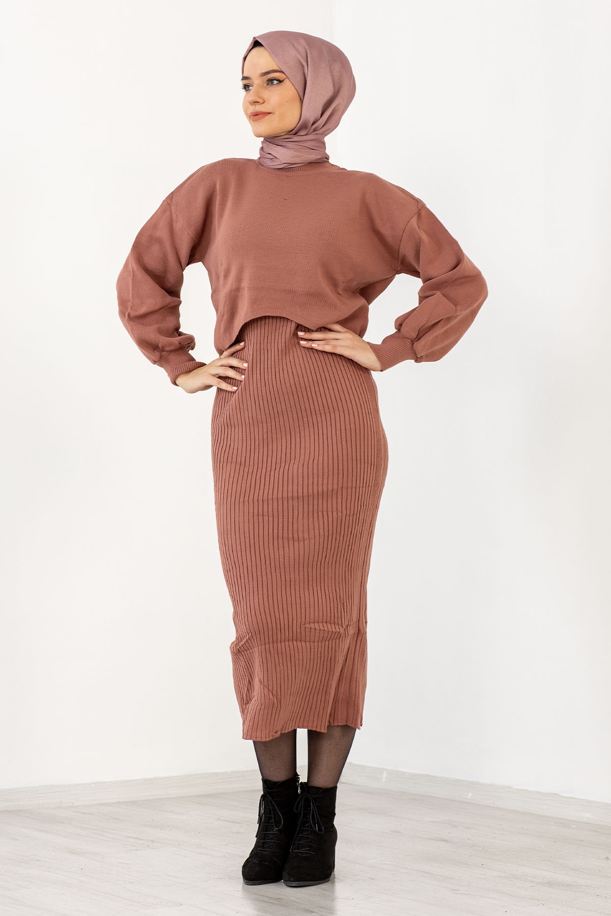 4029 Alti Duz Pileli Elbise Tek - Gul - 3