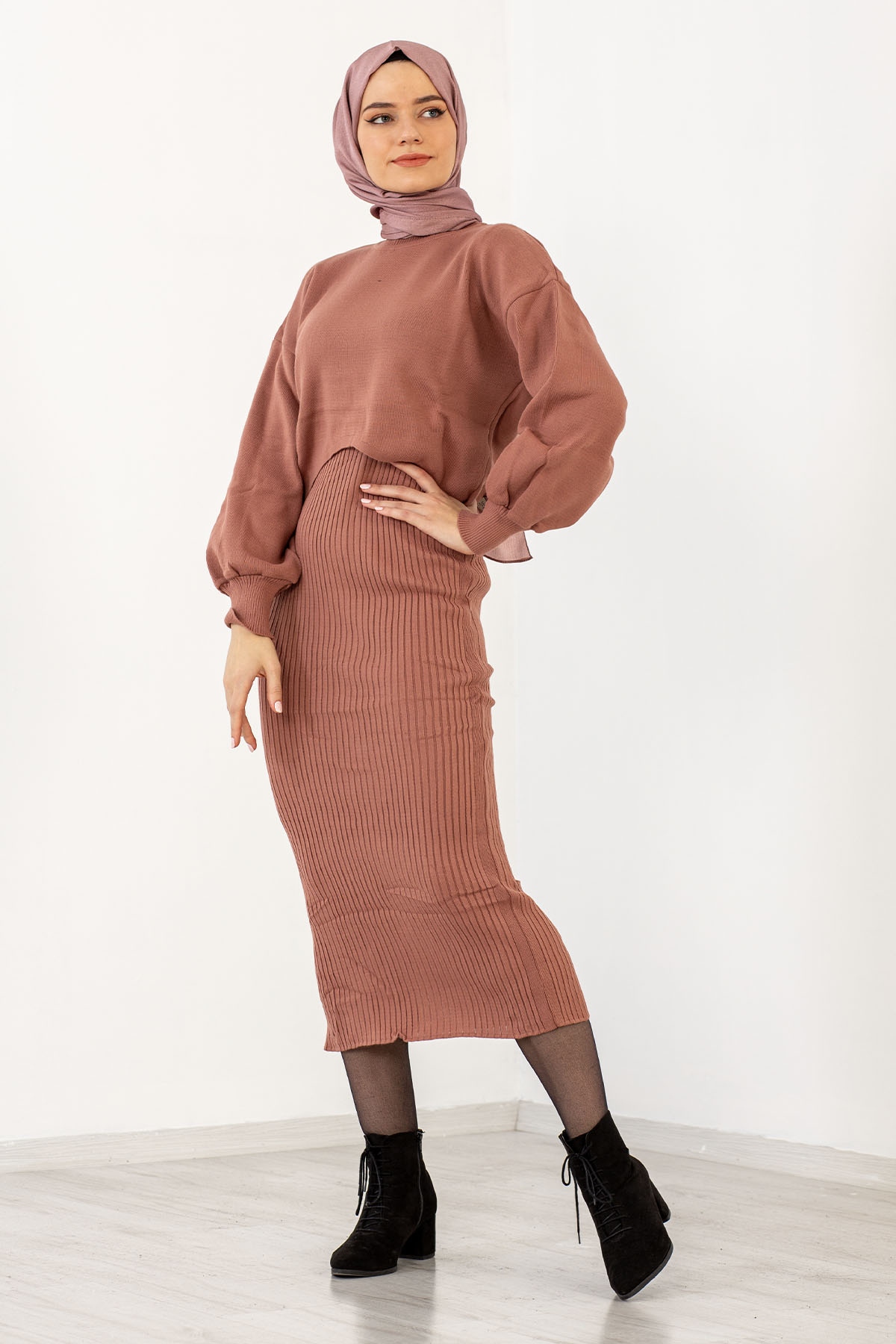 4029 Alti Duz Pileli Elbise Tek - Gul - 4