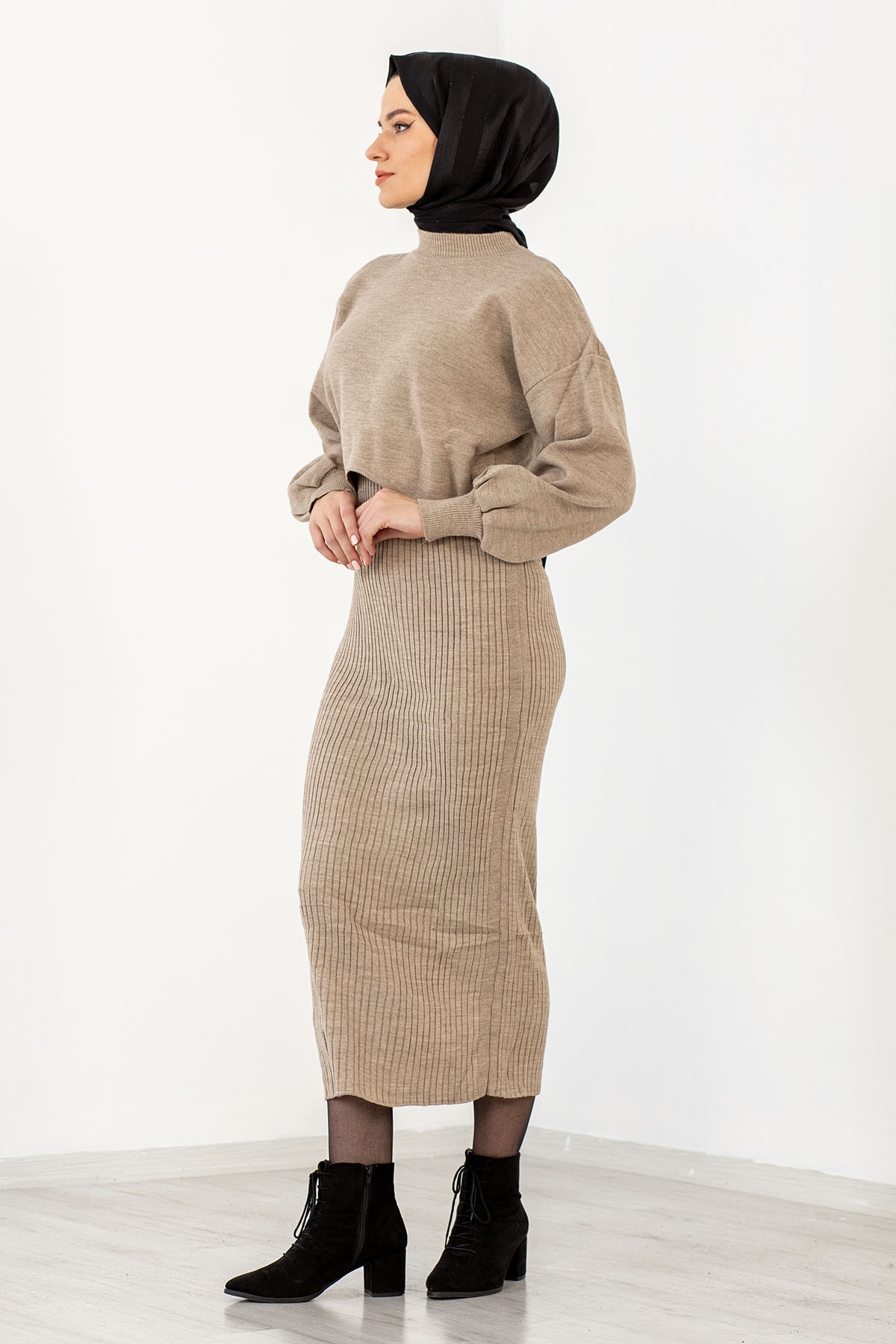 4029 Alti Duz Pileli Elbise Tek - Vizon - 2