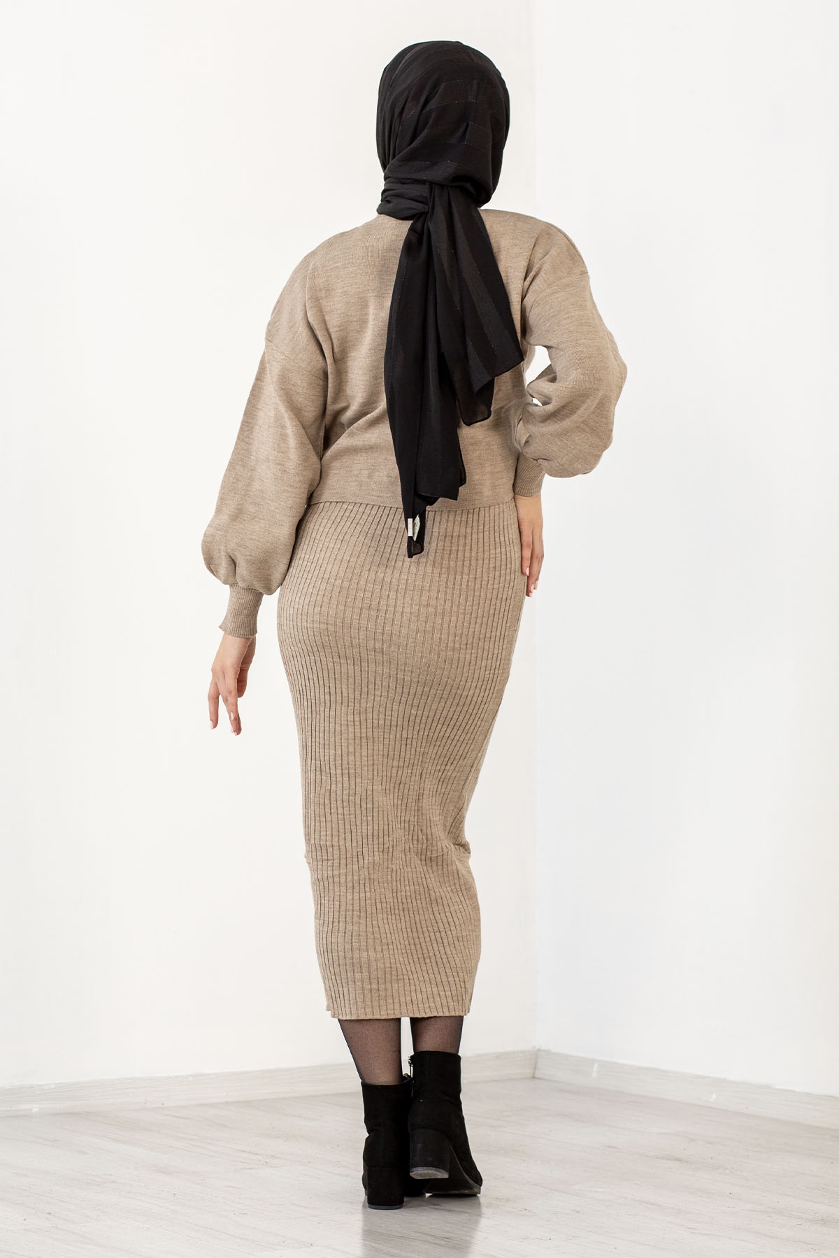 4029 Alti Duz Pileli Elbise Tek - Vizon - 5