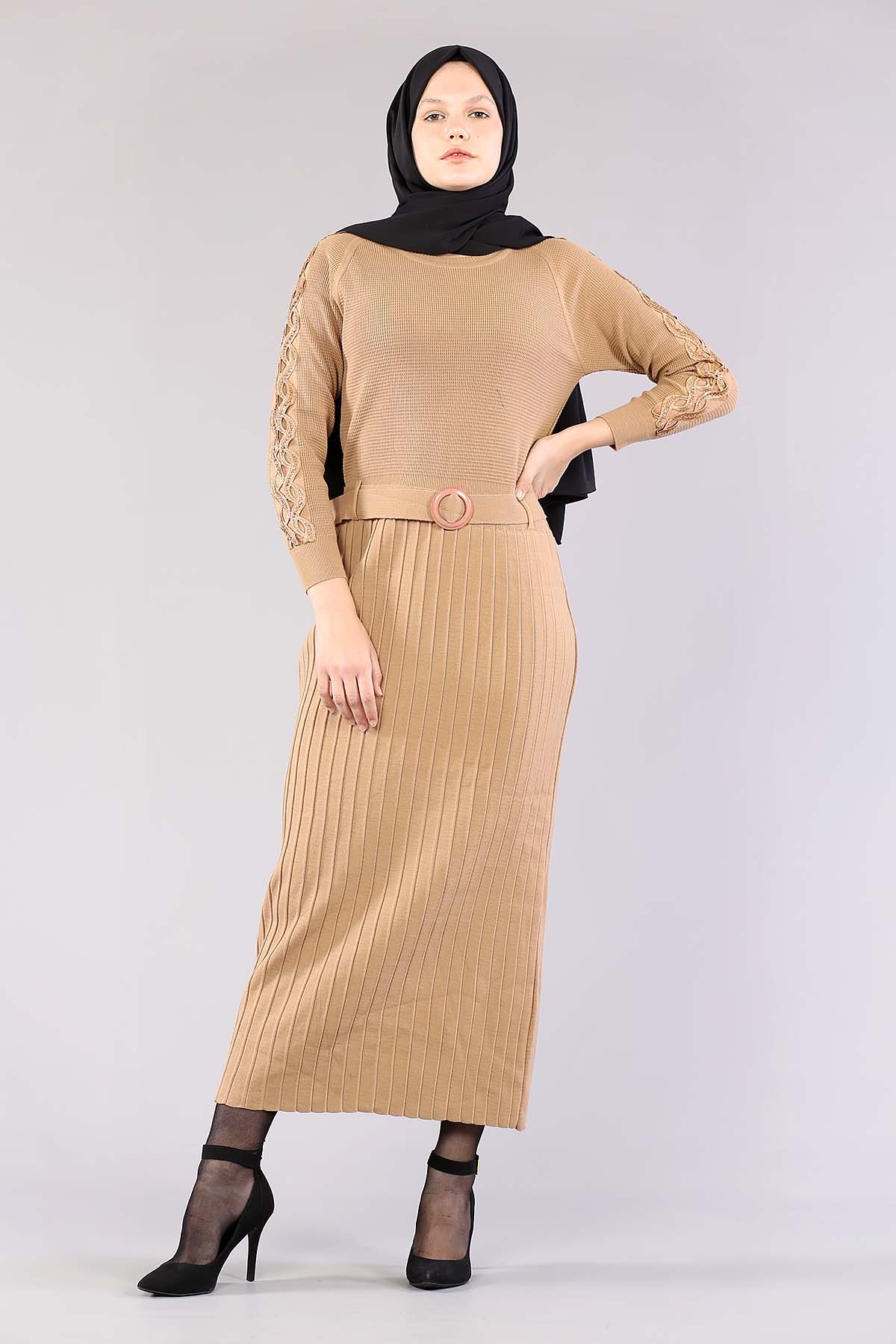 4049 Triko Elbise Tek - Camel - 1