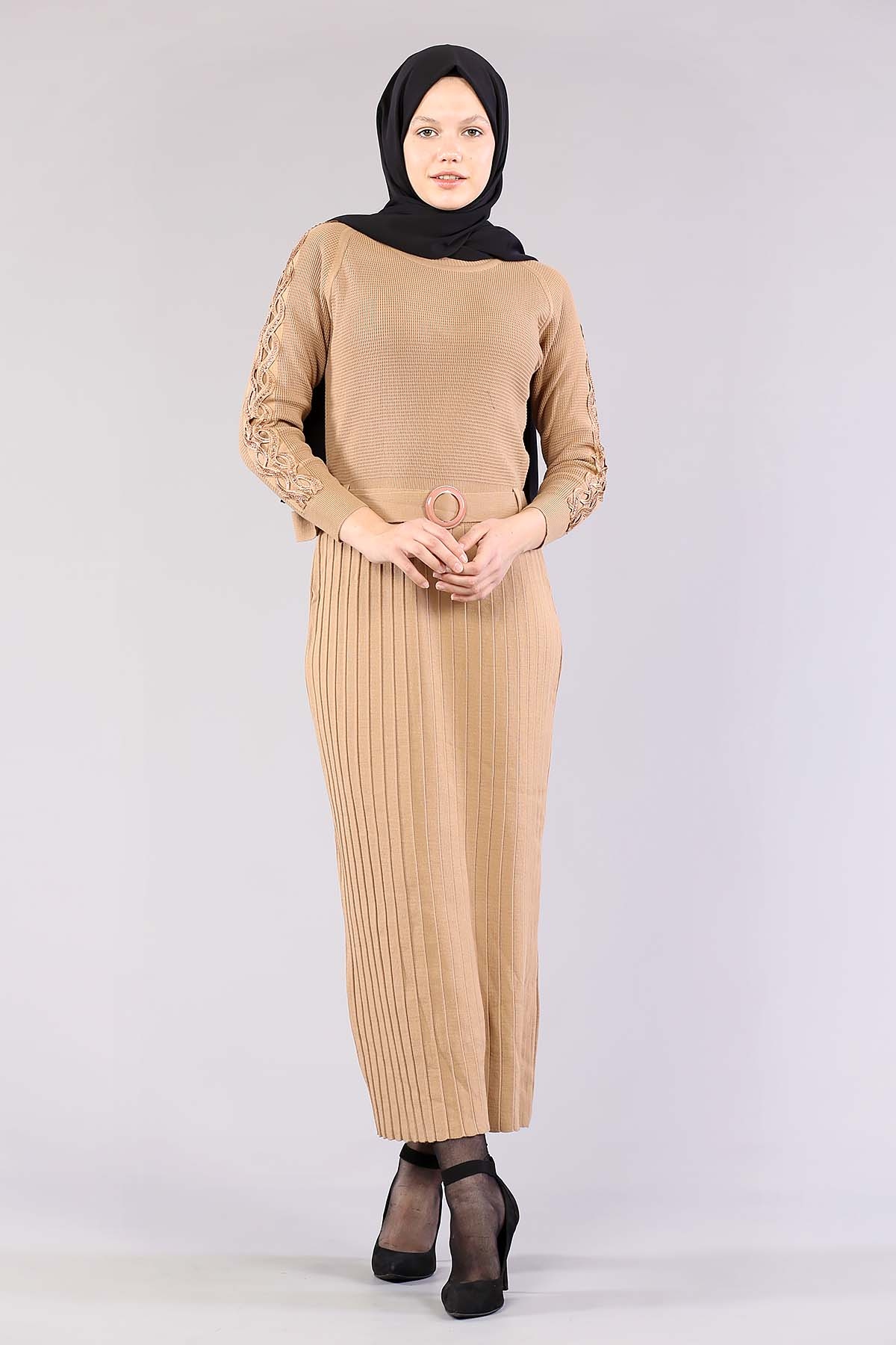 4049 Triko Elbise Tek - Camel - 2