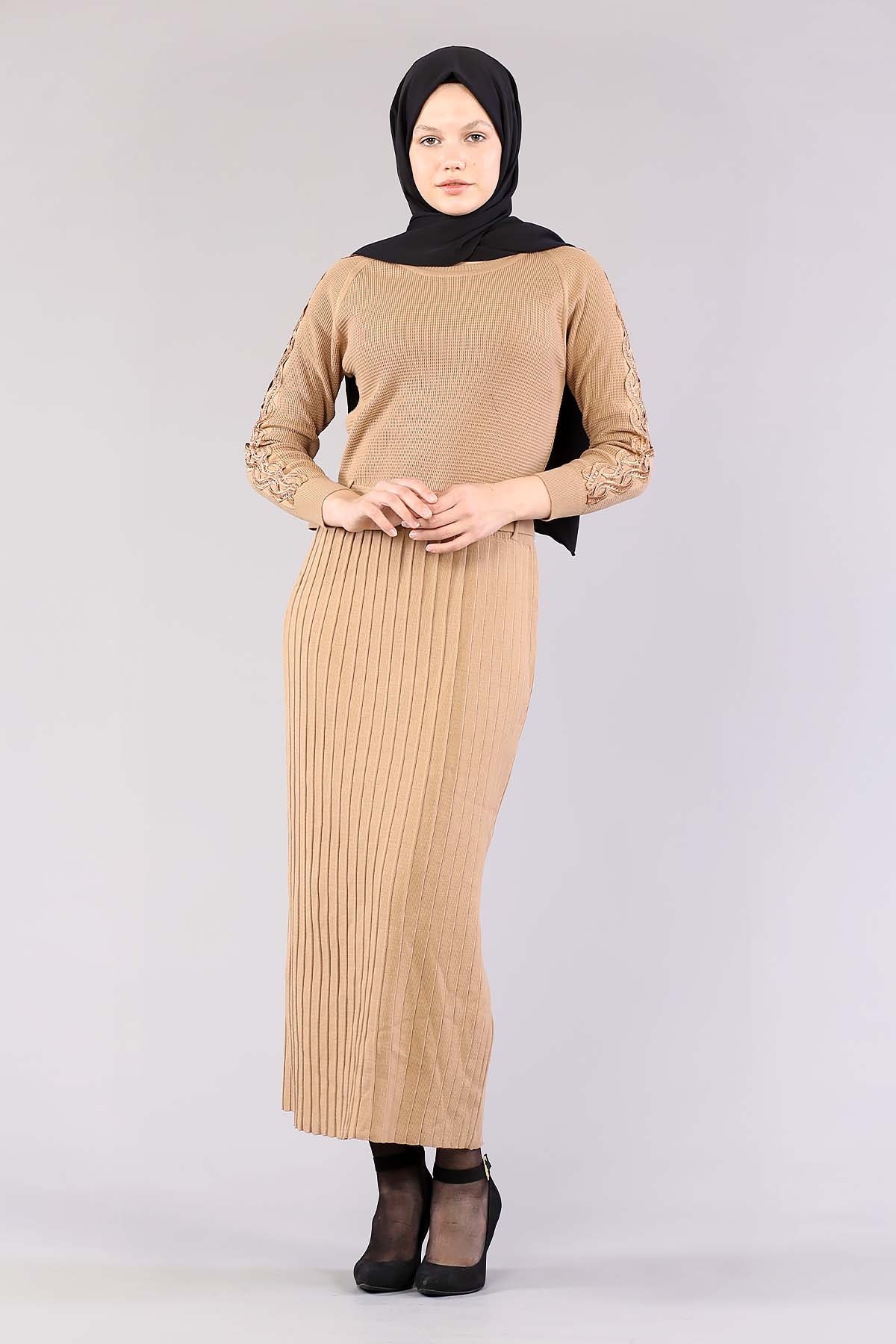 4049 Triko Elbise Tek - Camel - 3