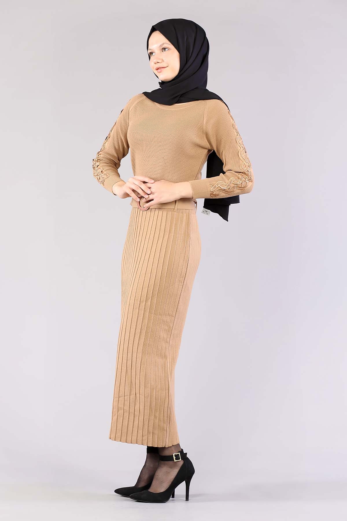 4049 Triko Elbise Tek - Camel - 4