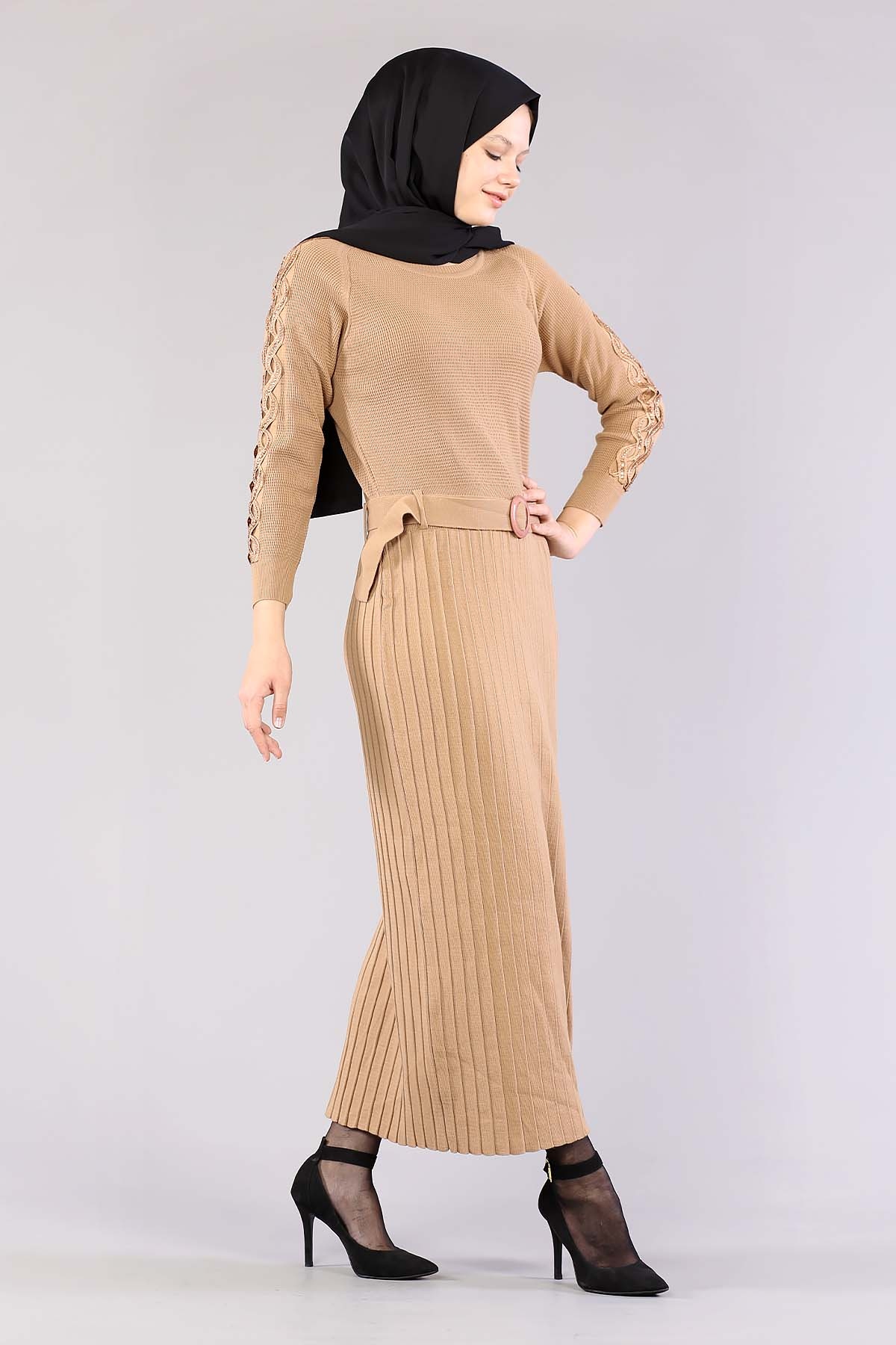 4049 Triko Elbise Tek - Camel - 5