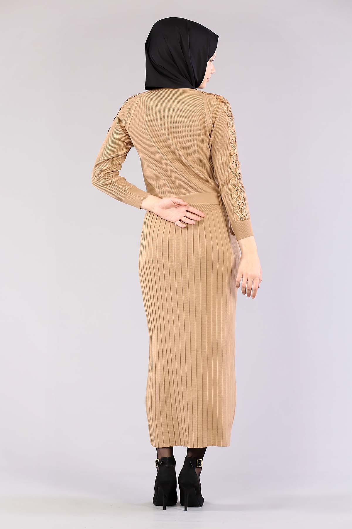 4049 Triko Elbise Tek - Camel - 6