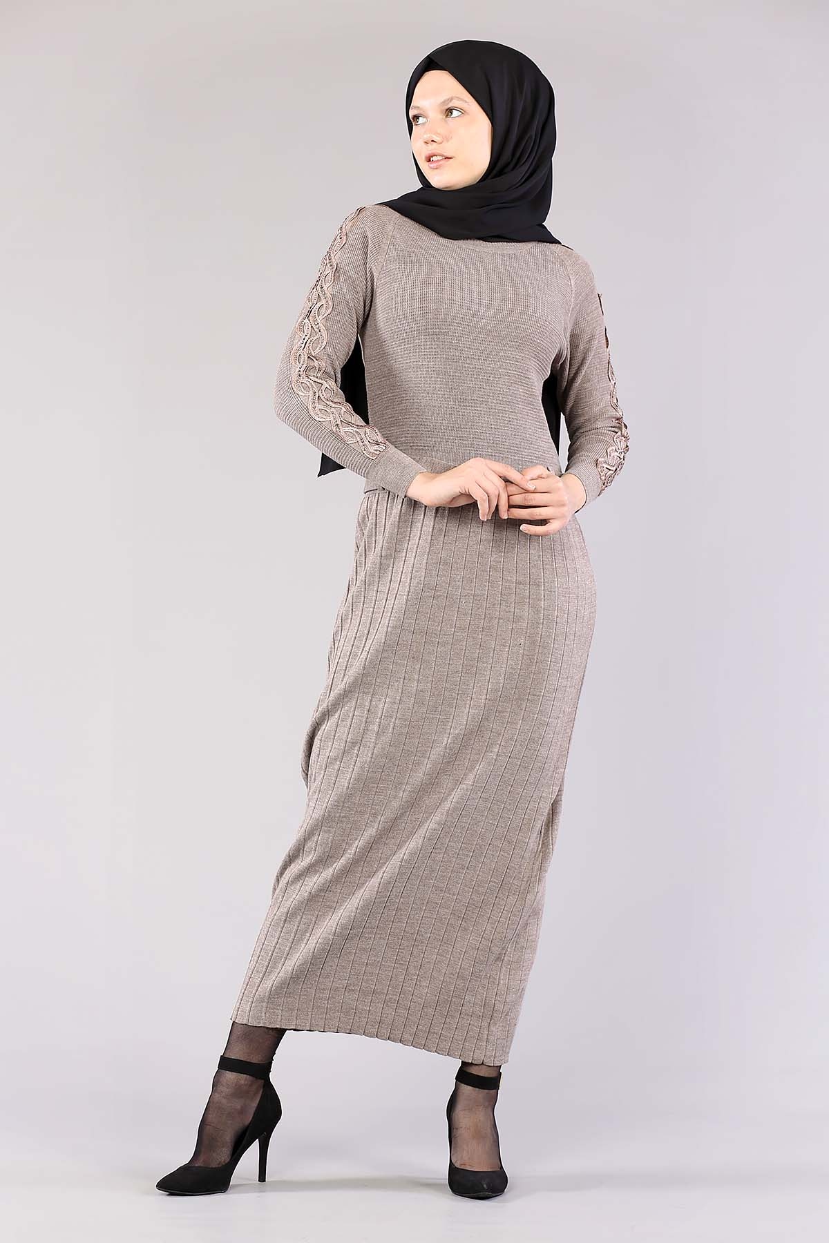 4049 Triko Elbise Tek - Gri - 1