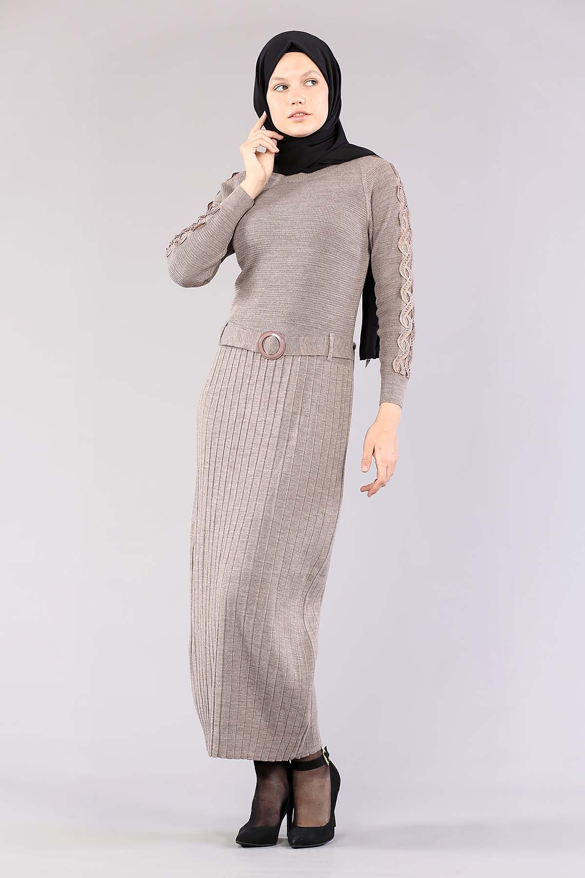 4049 Triko Elbise Tek - Gri - 2