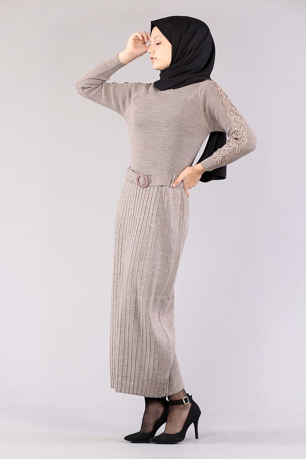 4049 Triko Elbise Tek - Gri - 3