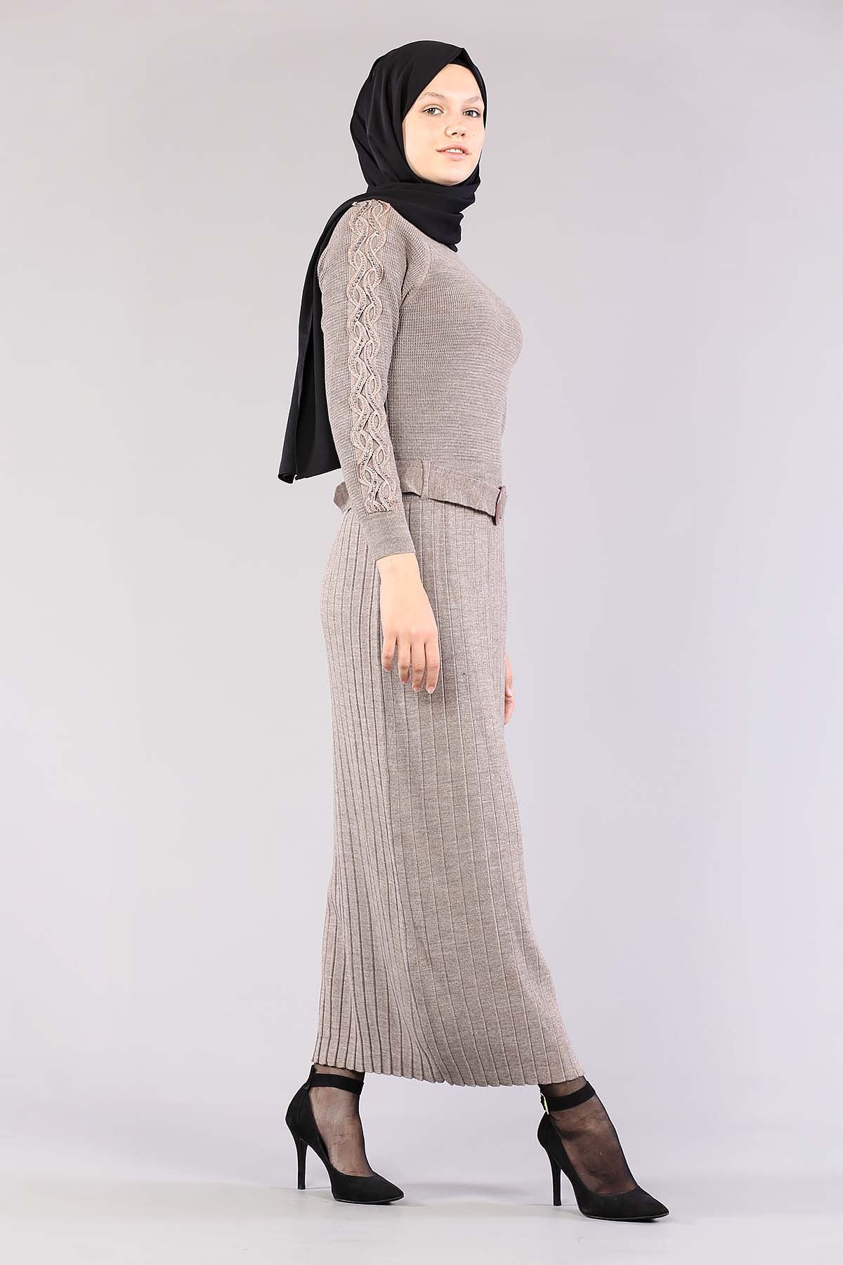 4049 Triko Elbise Tek - Gri - 4