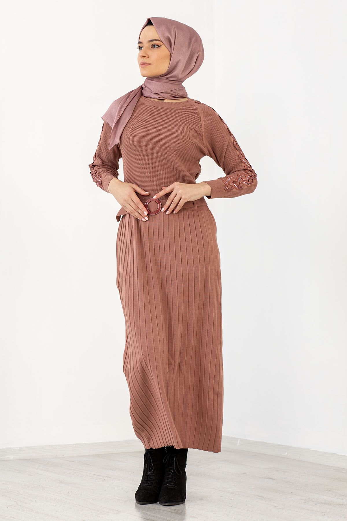 4049 Triko Elbise Tek - Pudra - 1