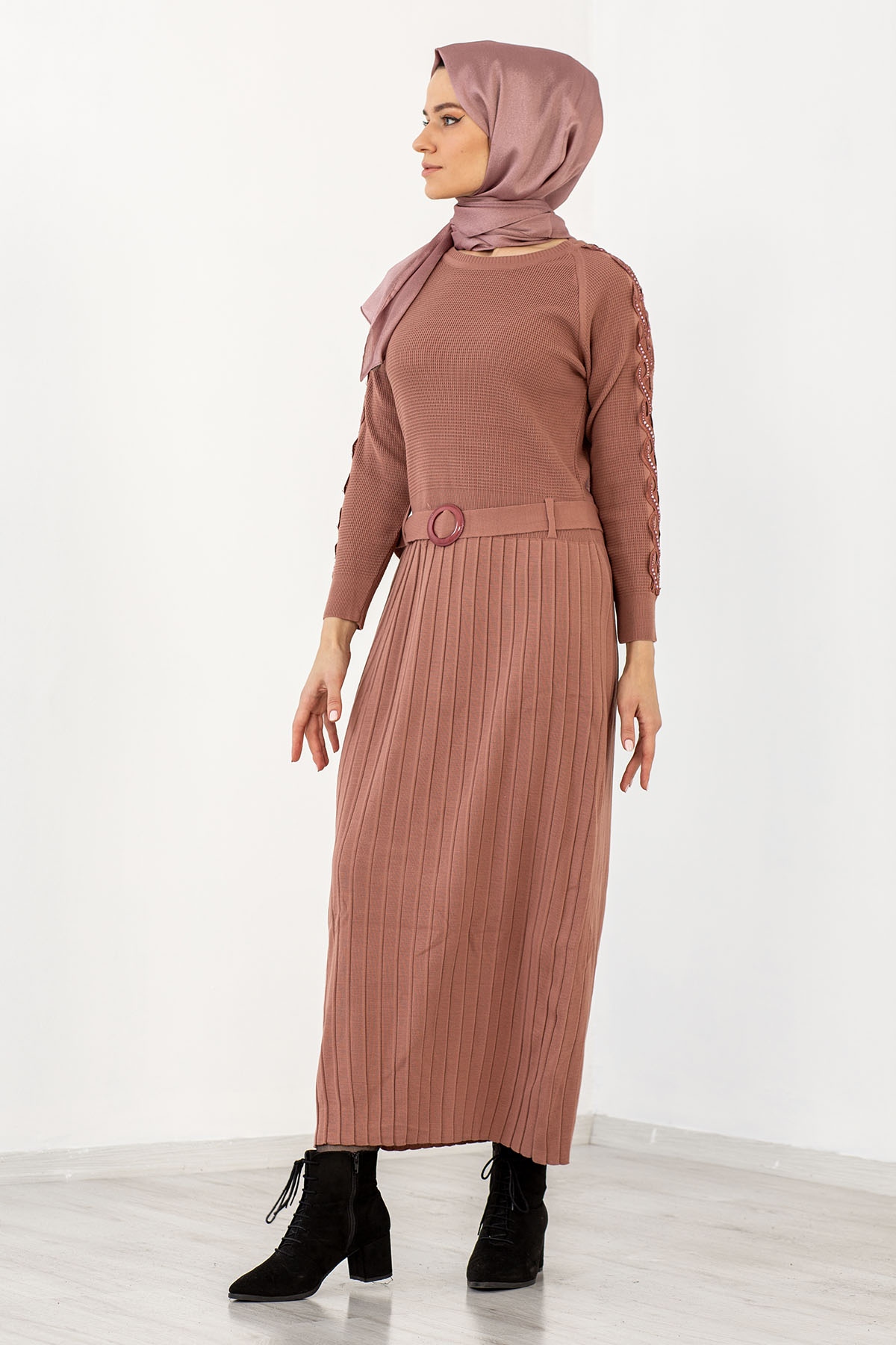 4049 Triko Elbise Tek - Pudra - 2