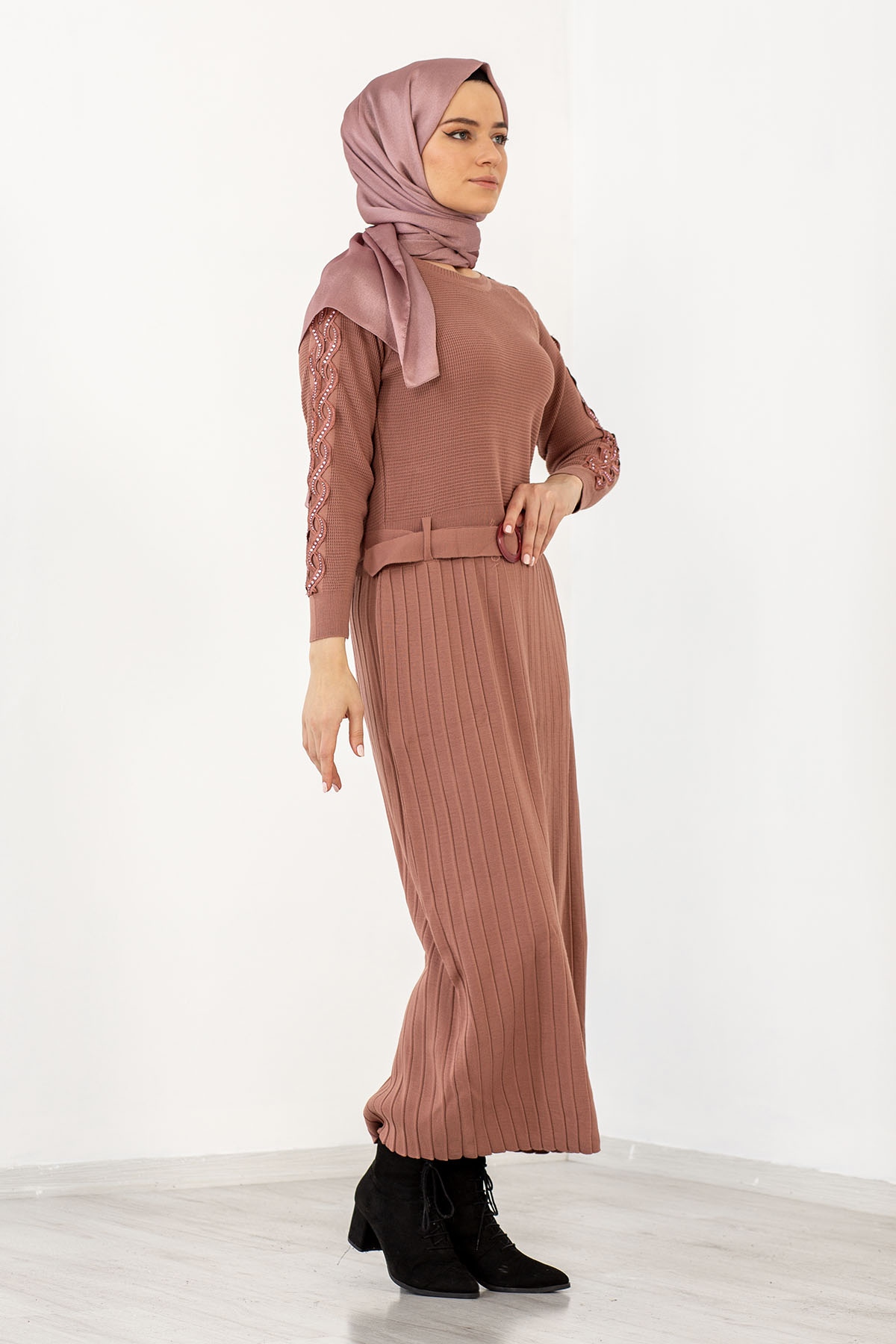 4049 Triko Elbise Tek - Pudra - 3