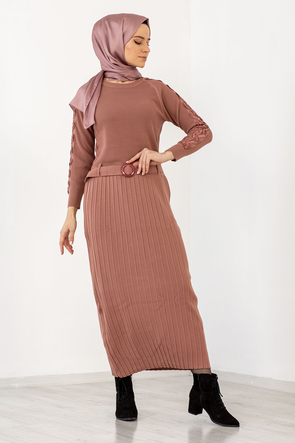 4049 Triko Elbise Tek - Pudra - 4