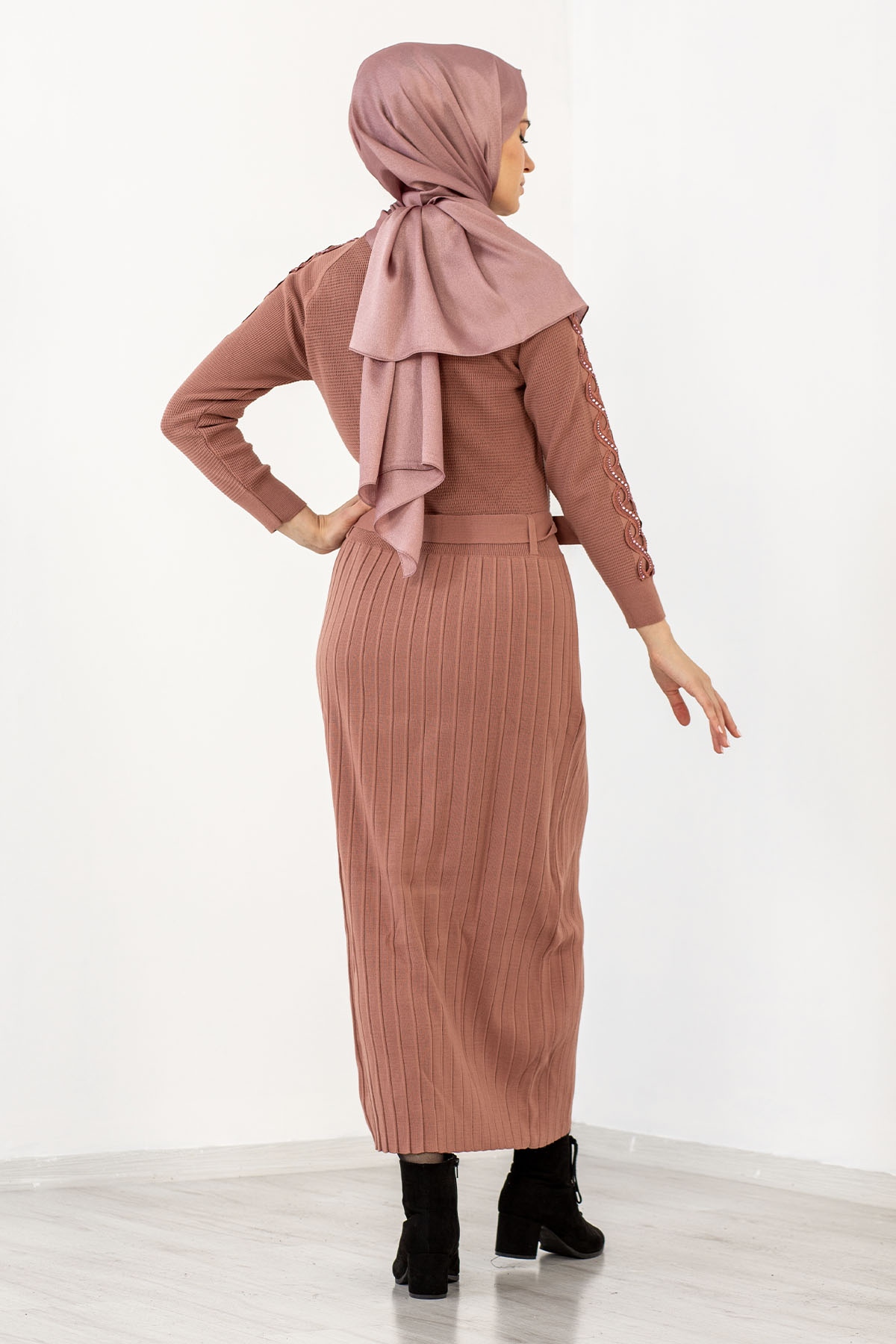 4049 Triko Elbise Tek - Pudra - 5