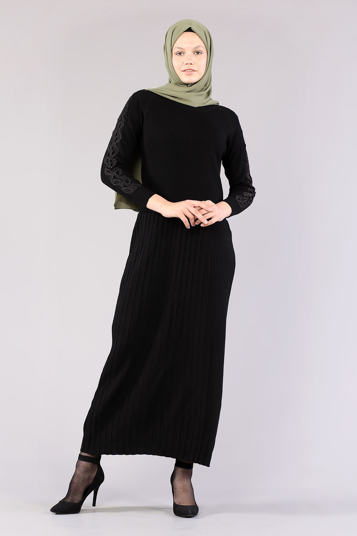 4049 Triko Elbise Tek - Siyah - 1