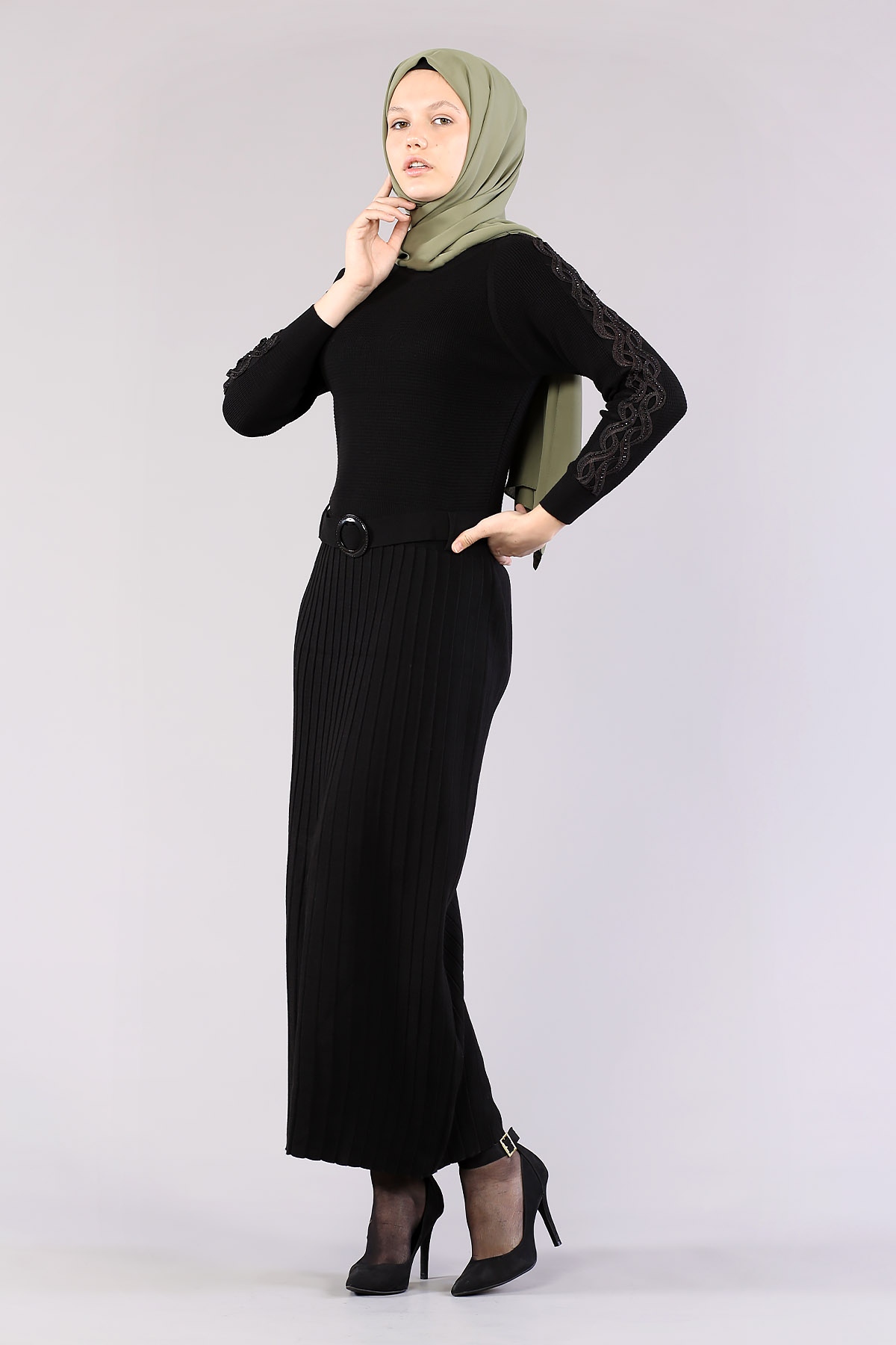 4049 Triko Elbise Tek - Siyah - 2