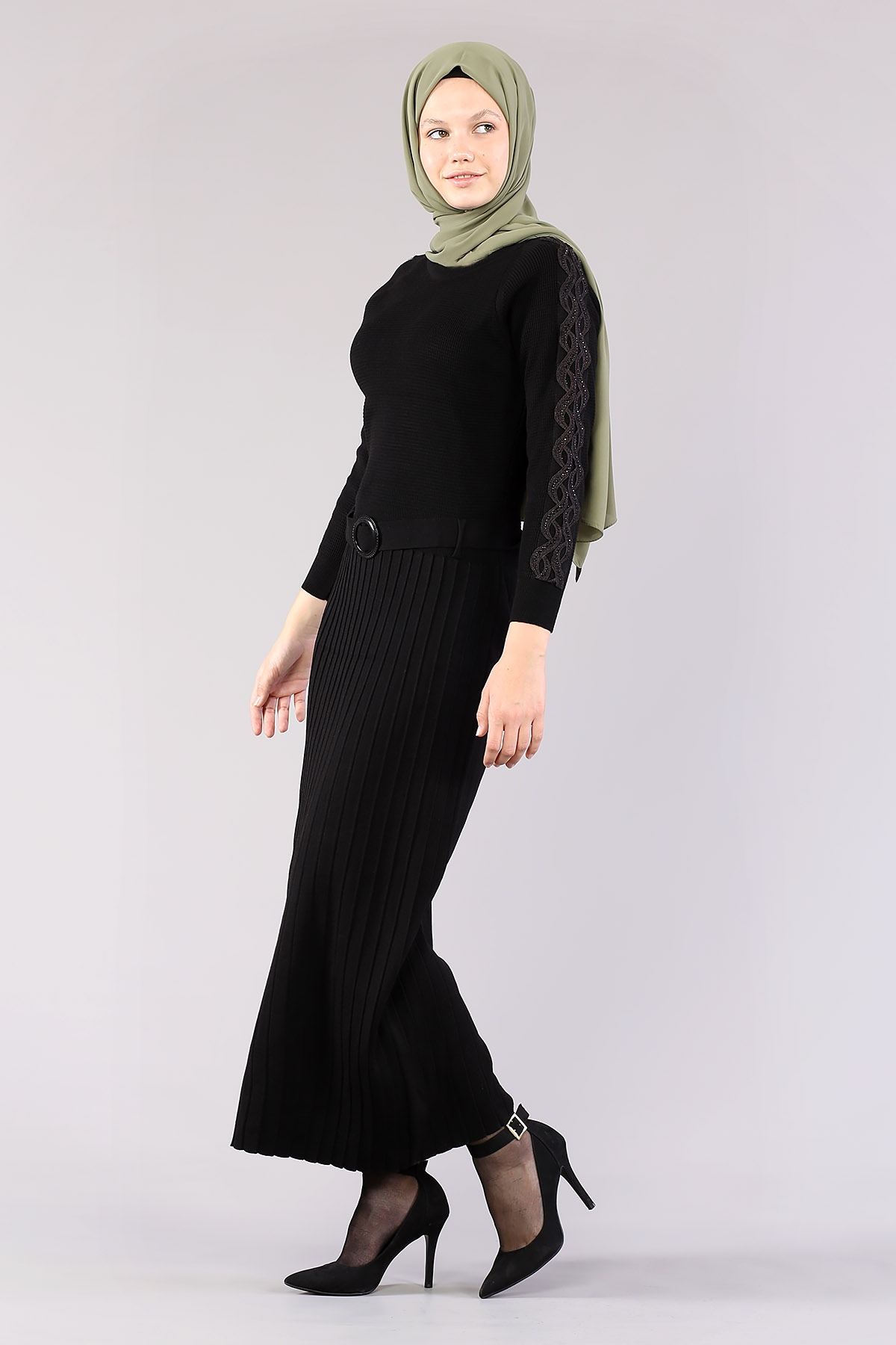 4049 Triko Elbise Tek - Siyah - 3