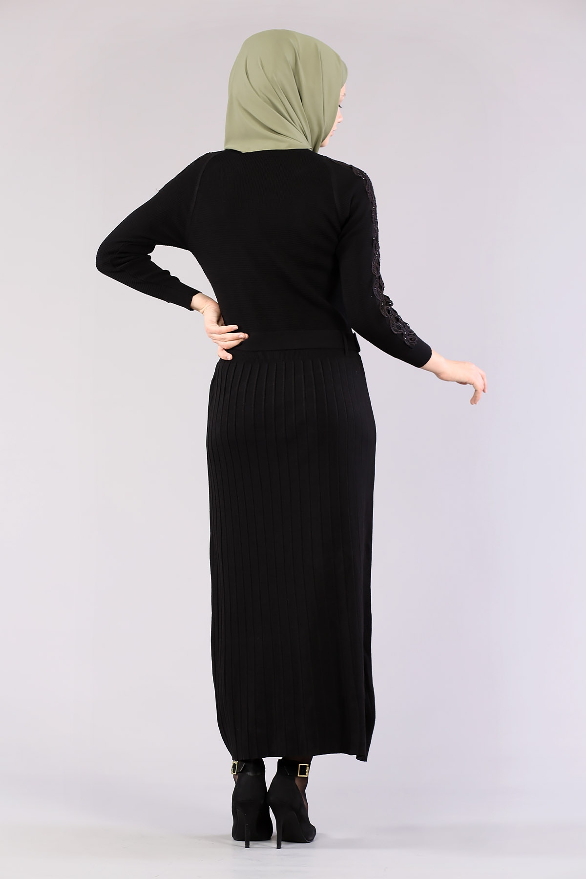 4049 Triko Elbise Tek - Siyah - 4