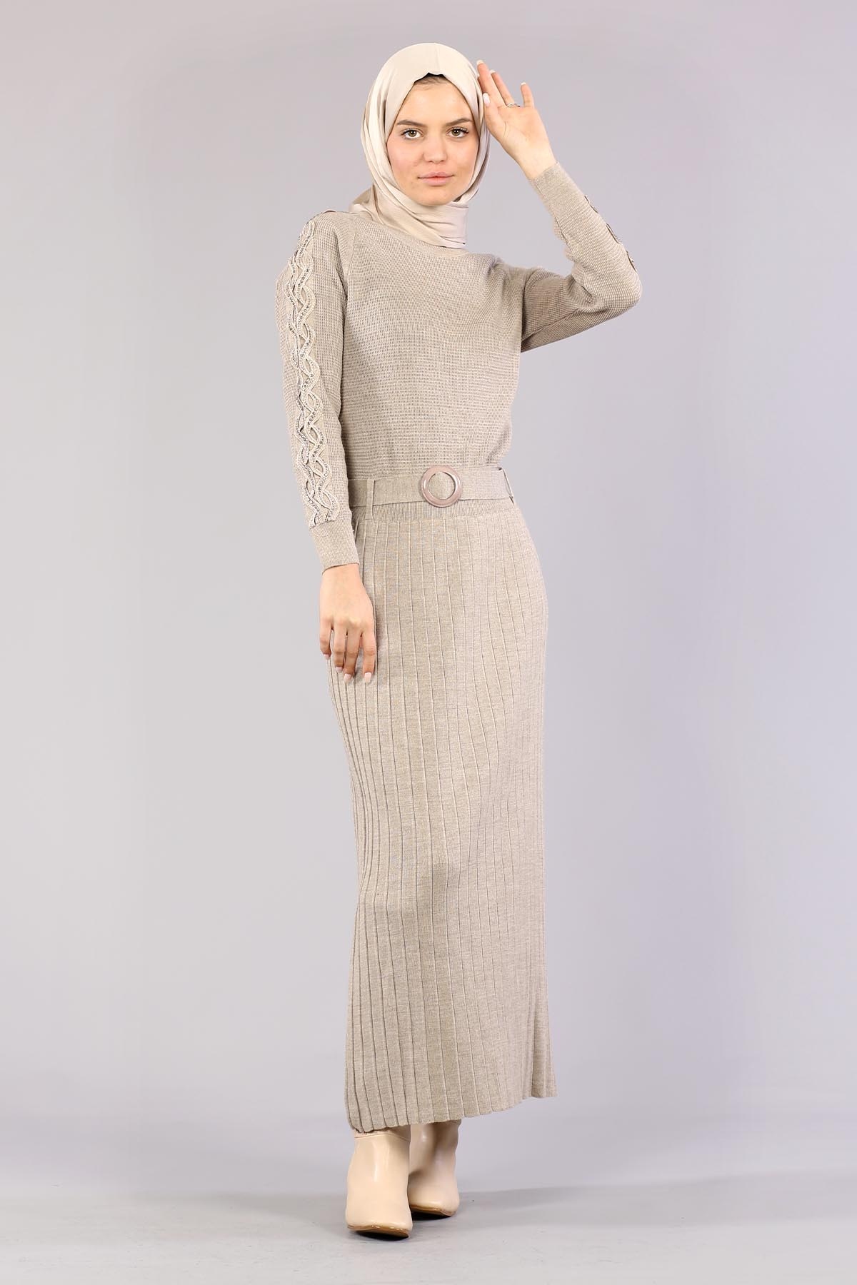 4049 Triko Elbise Tek - Vizon - 1