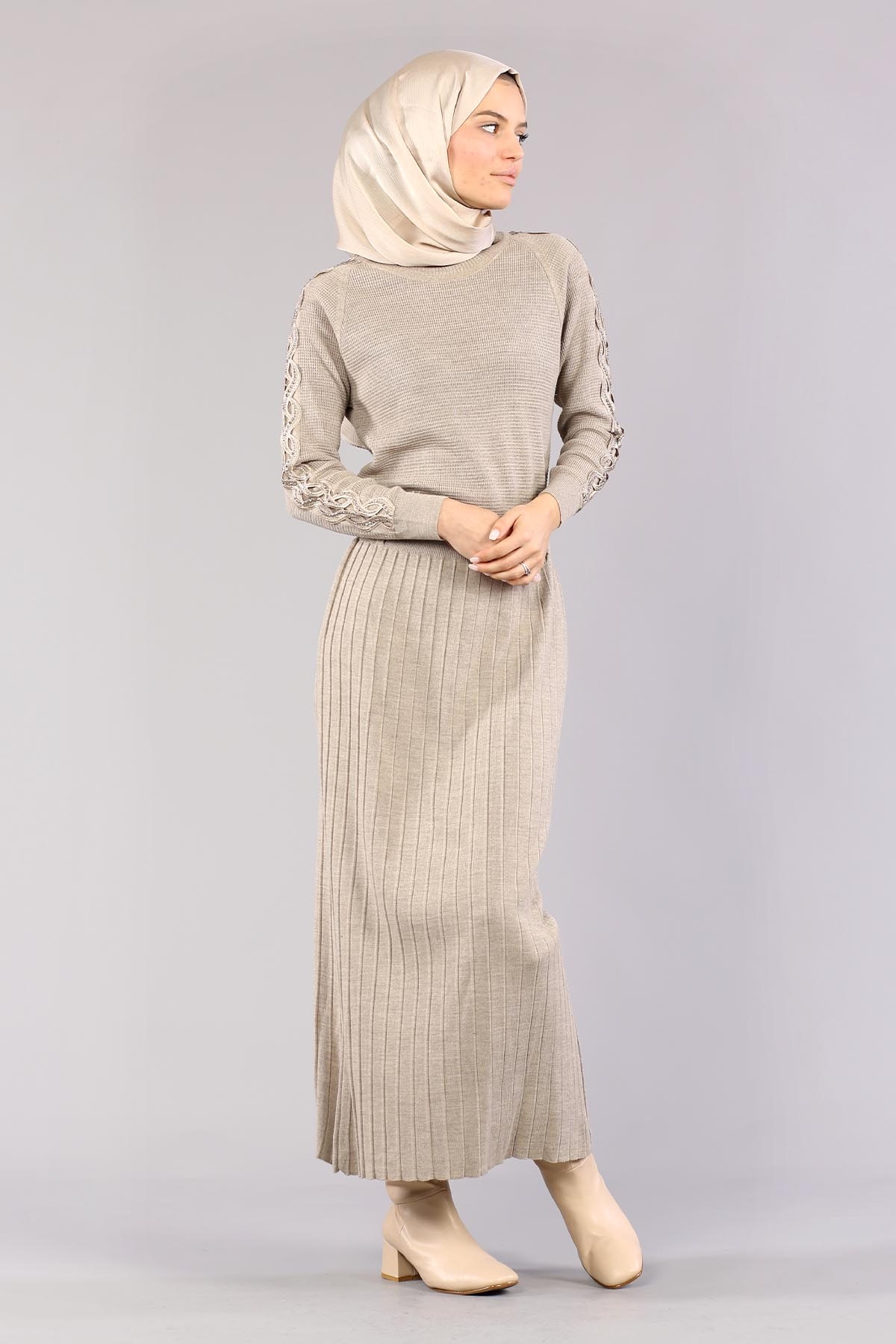 4049 Triko Elbise Tek - Vizon - 2