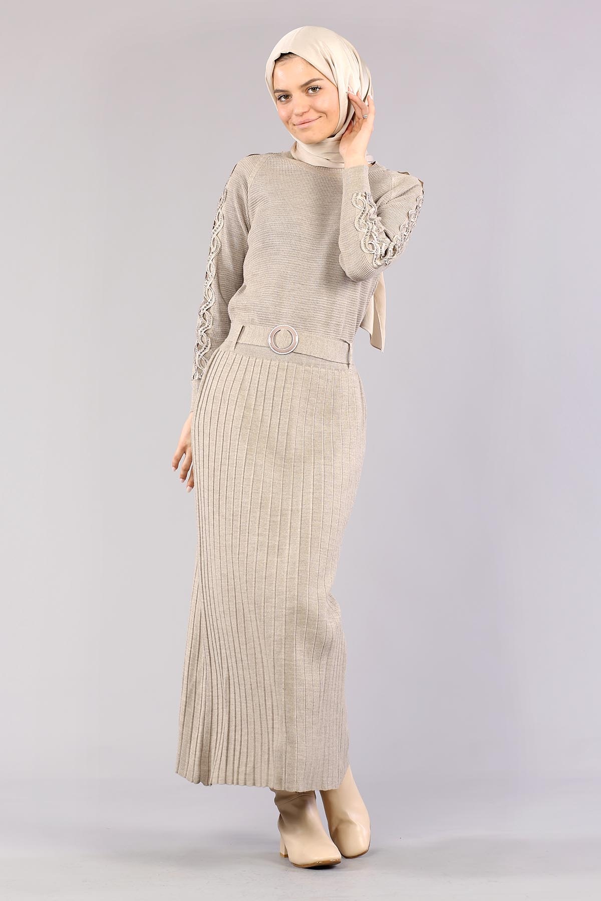 4049 Triko Elbise Tek - Vizon - 3