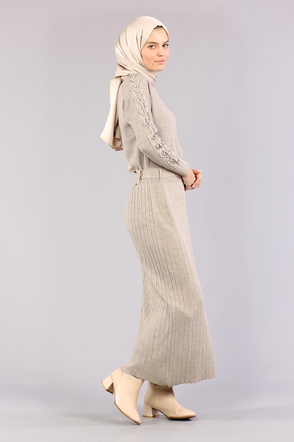 4049 Triko Elbise Tek - Vizon - 4