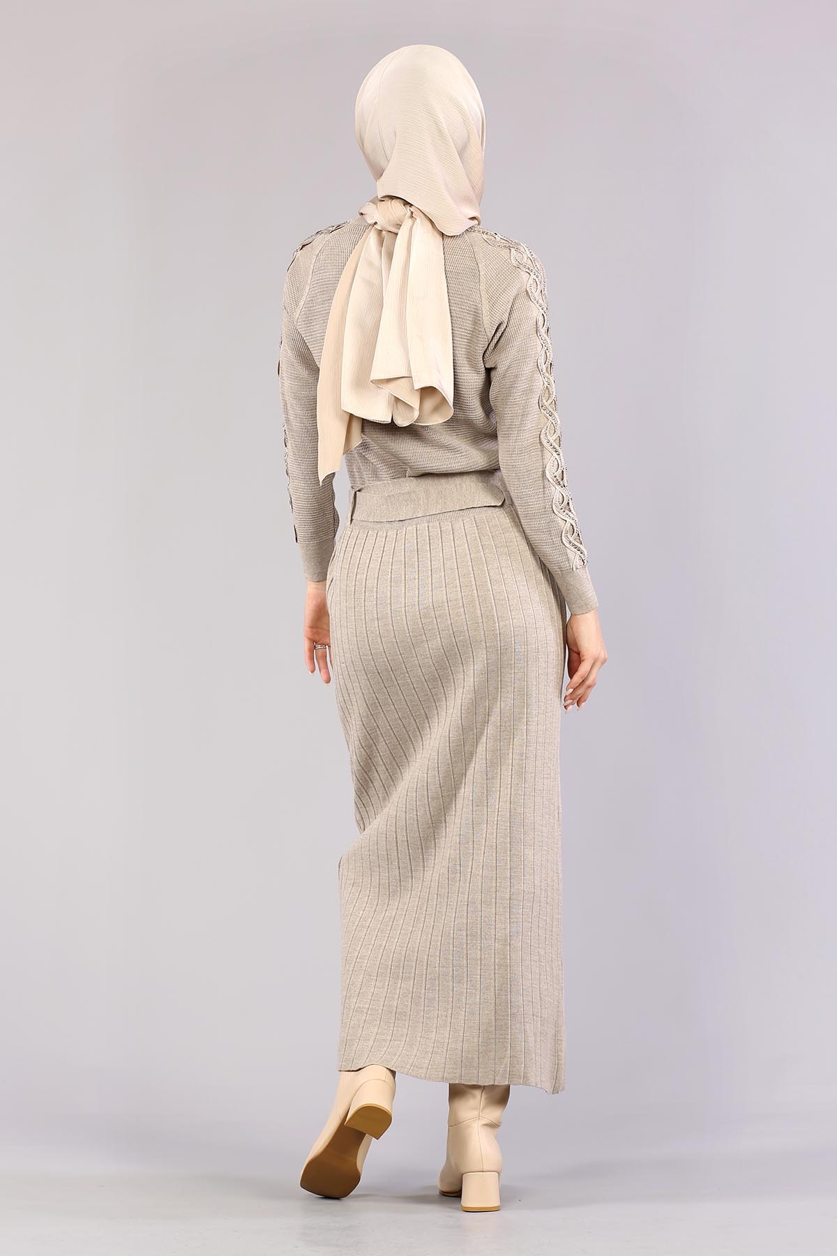 4049 Triko Elbise Tek - Vizon - 5