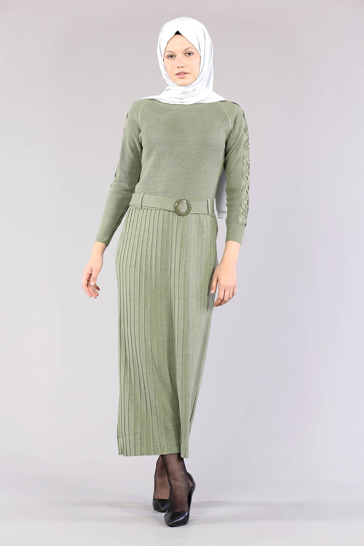 4049 Triko Elbise Tek - Yesil - 1