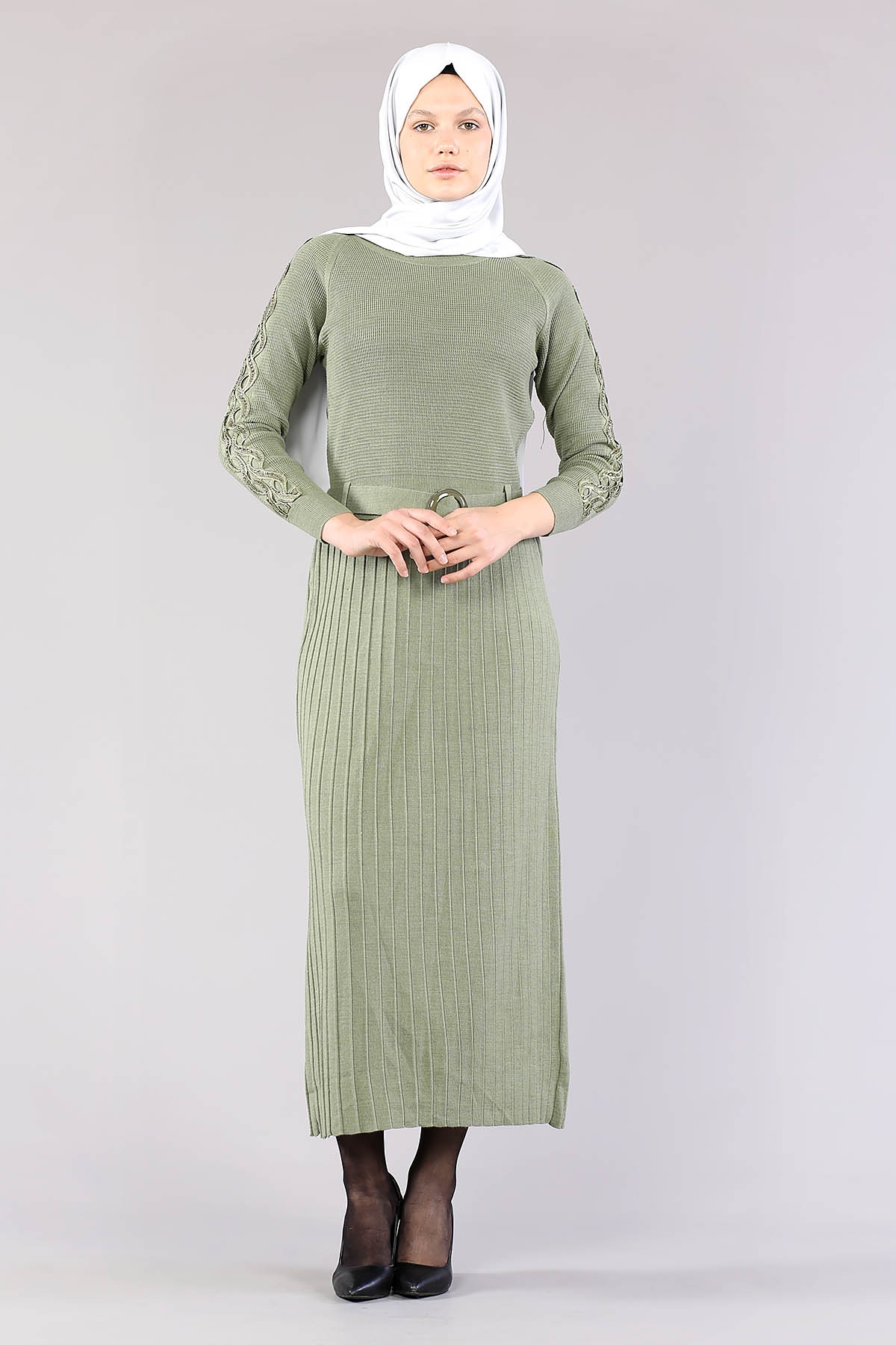 4049 Triko Elbise Tek - Yesil - 2