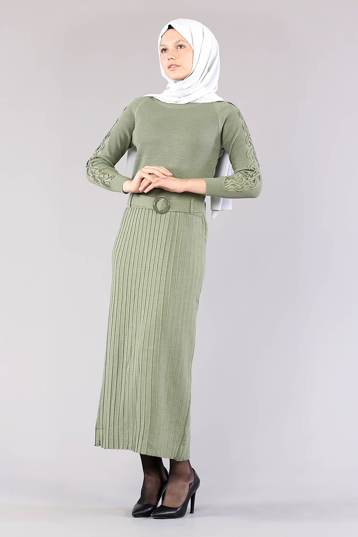 4049 Triko Elbise Tek - Yesil - 3